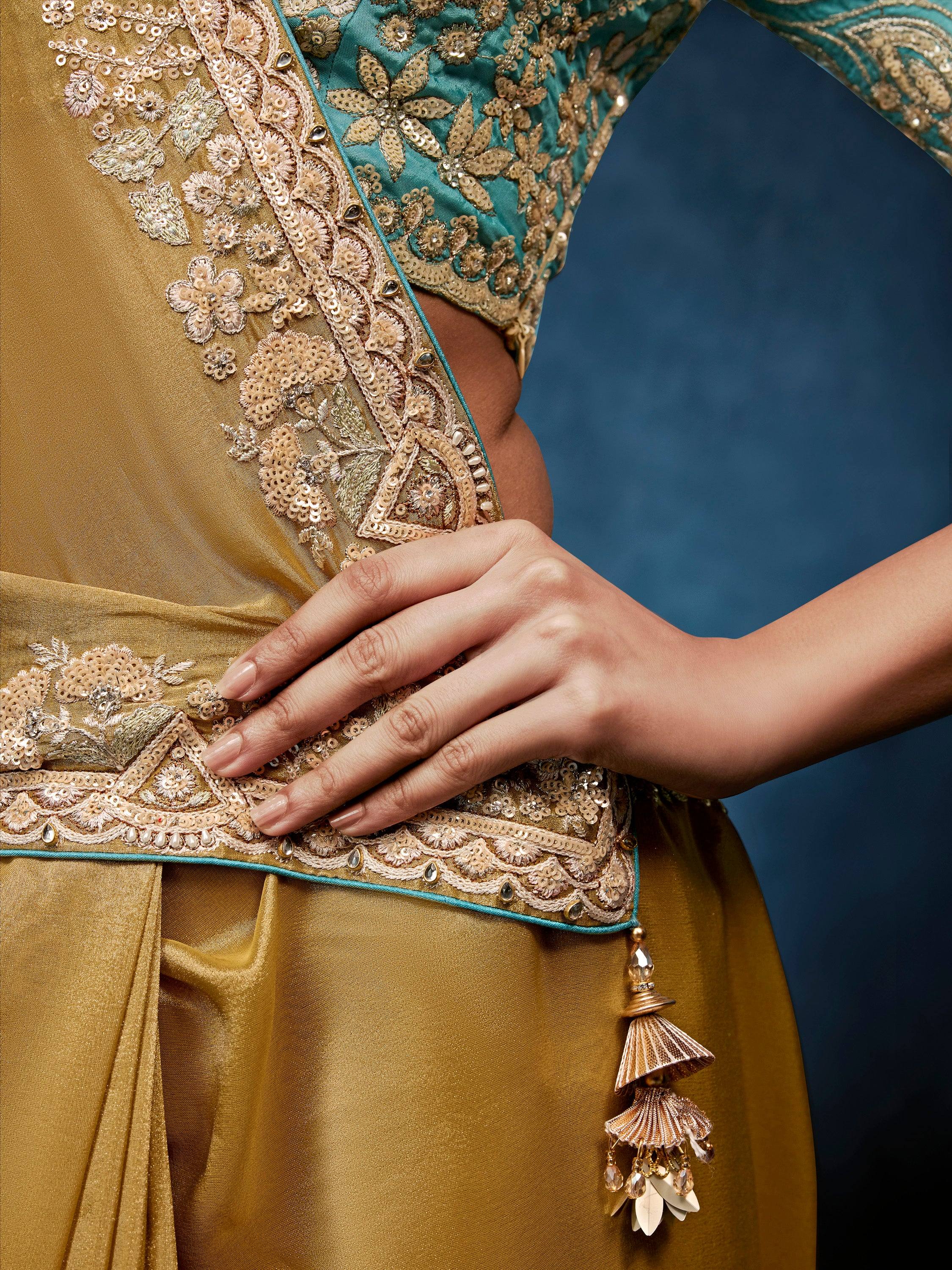 Gorgeous Golden Hand Embroidery Silk Event Wear Saree With Blouse