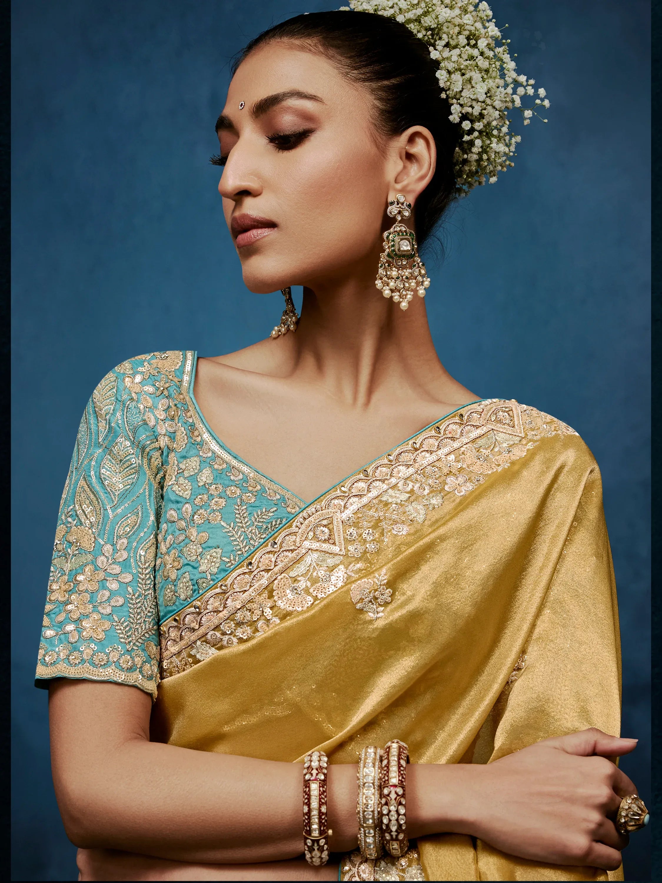 Gorgeous Golden Hand Embroidery Silk Event Wear Saree With Blouse