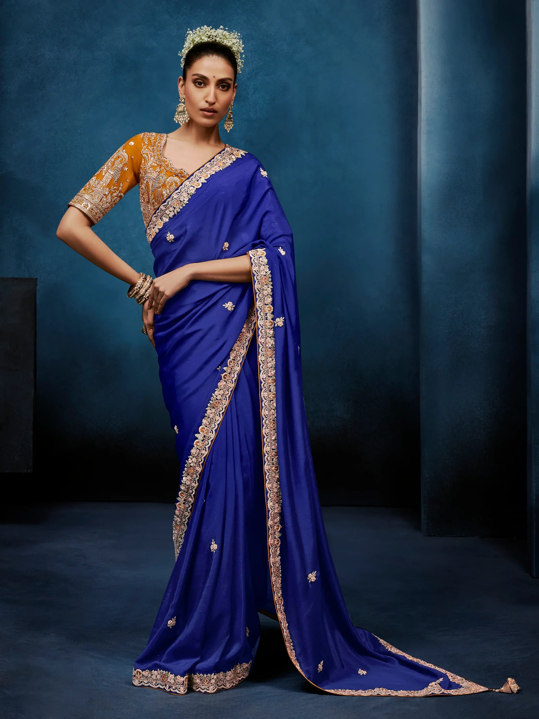 Noteworthy Blue Sequins Silk Traditional Saree With Blouse