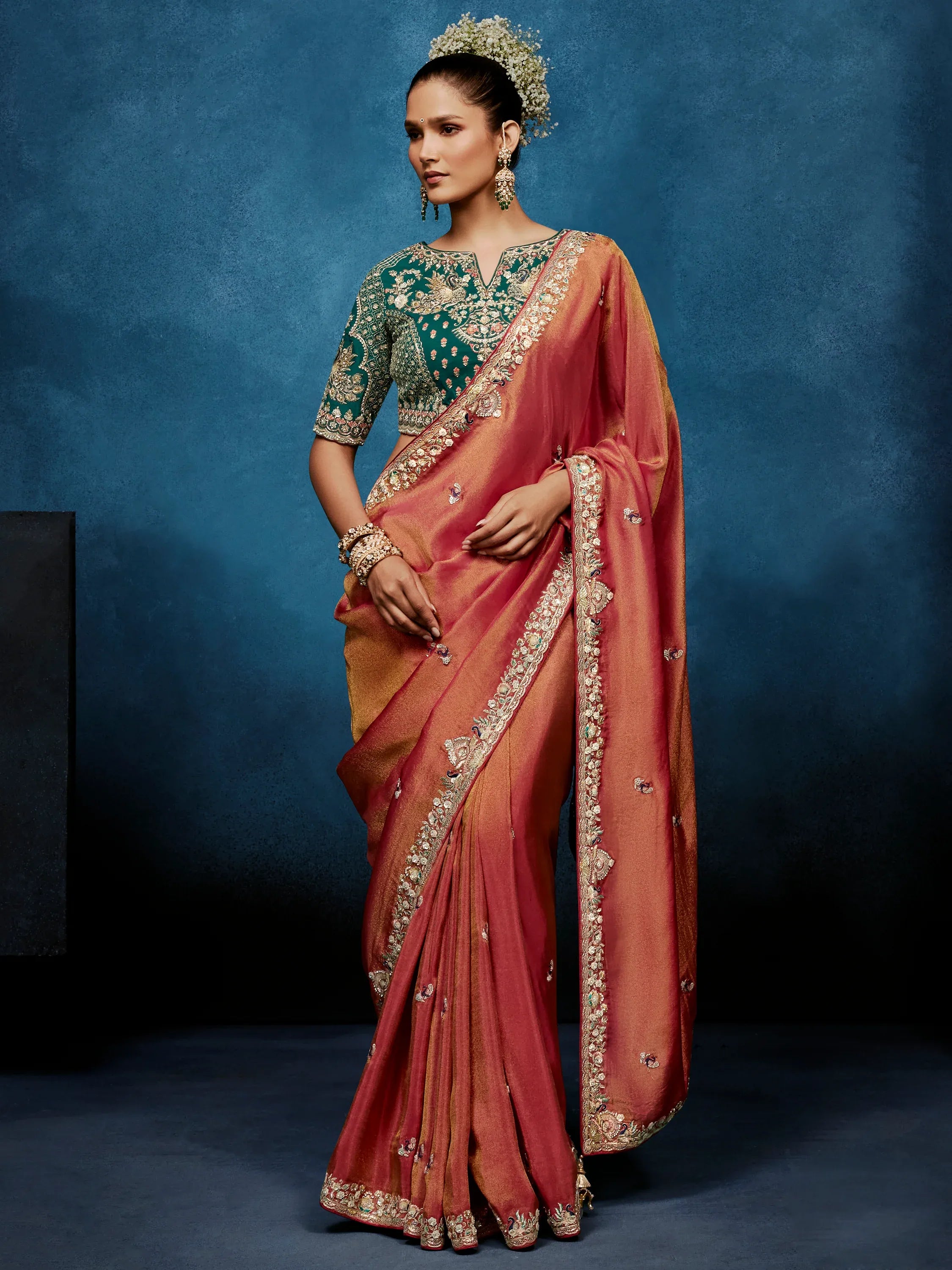 Regal Rust Orange Thread Work Silk Designer Saree With Blouse
