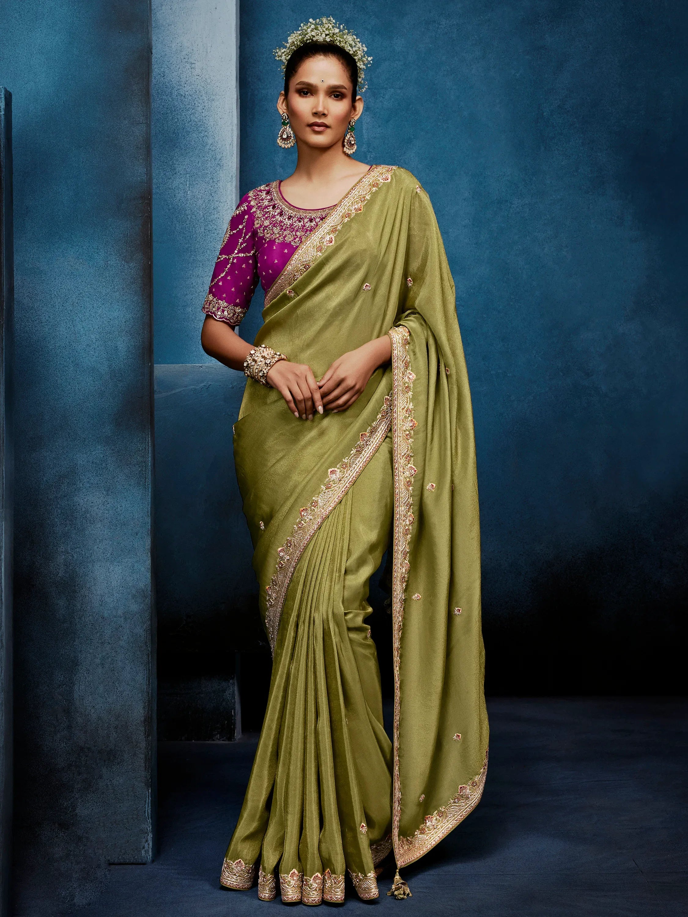 Dazzling Olive Green Embroidered Silk Mehendi Wear Saree With Blouse
