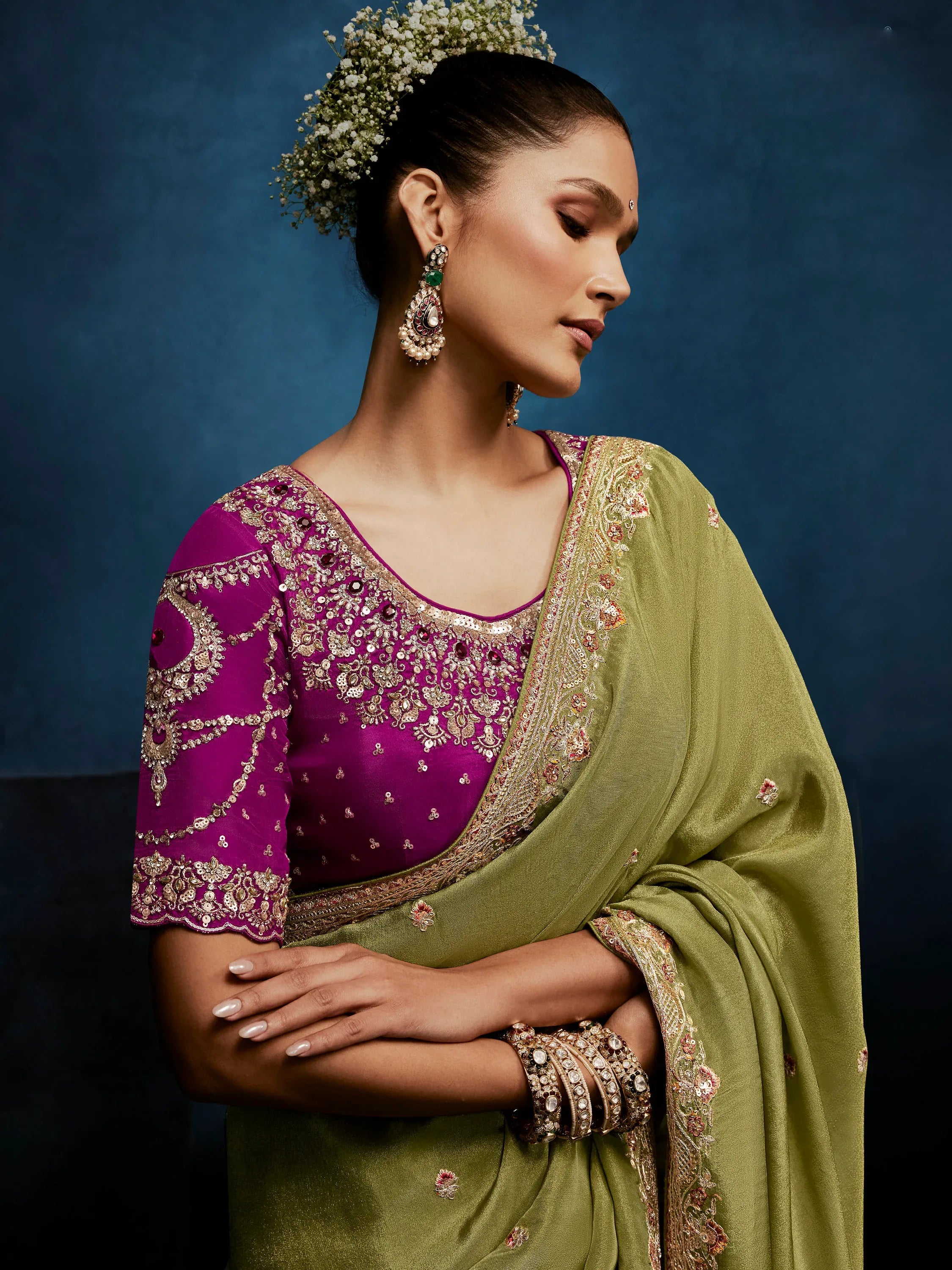 Dazzling Olive Green Embroidered Silk Mehendi Wear Saree With Blouse