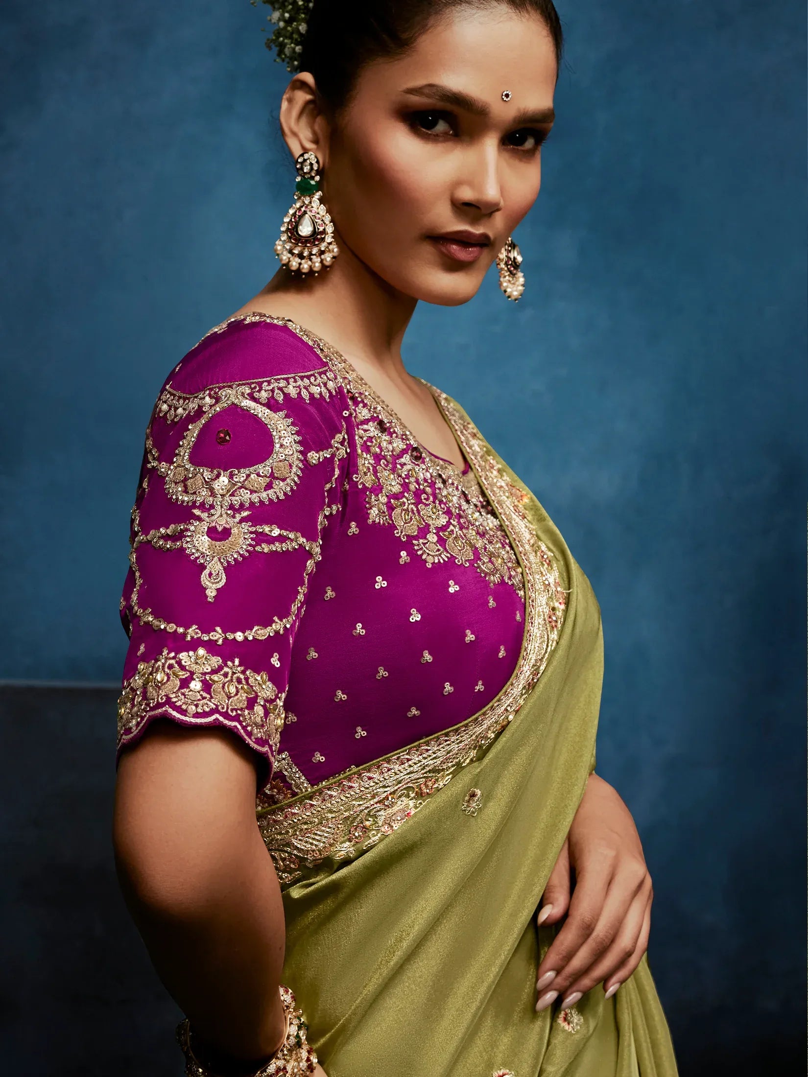 Dazzling Olive Green Embroidered Silk Mehendi Wear Saree With Blouse