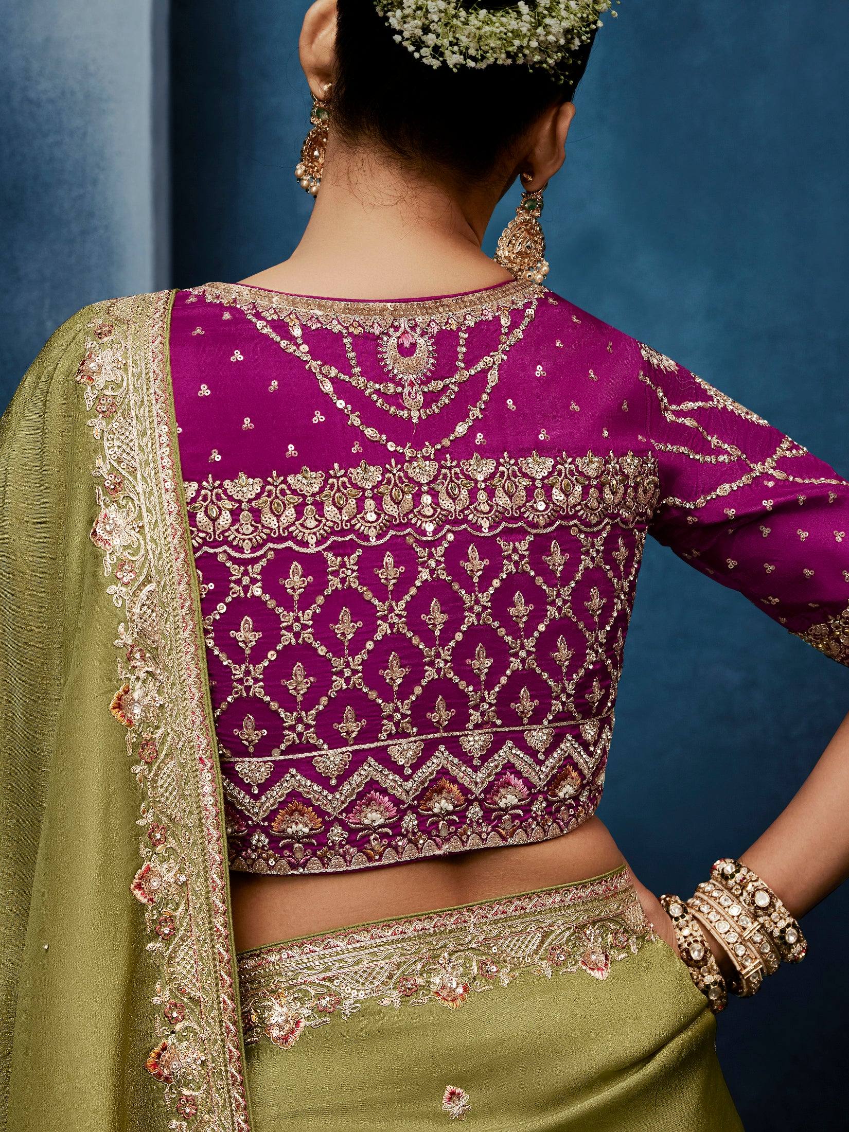 Dazzling Olive Green Embroidered Silk Mehendi Wear Saree With Blouse