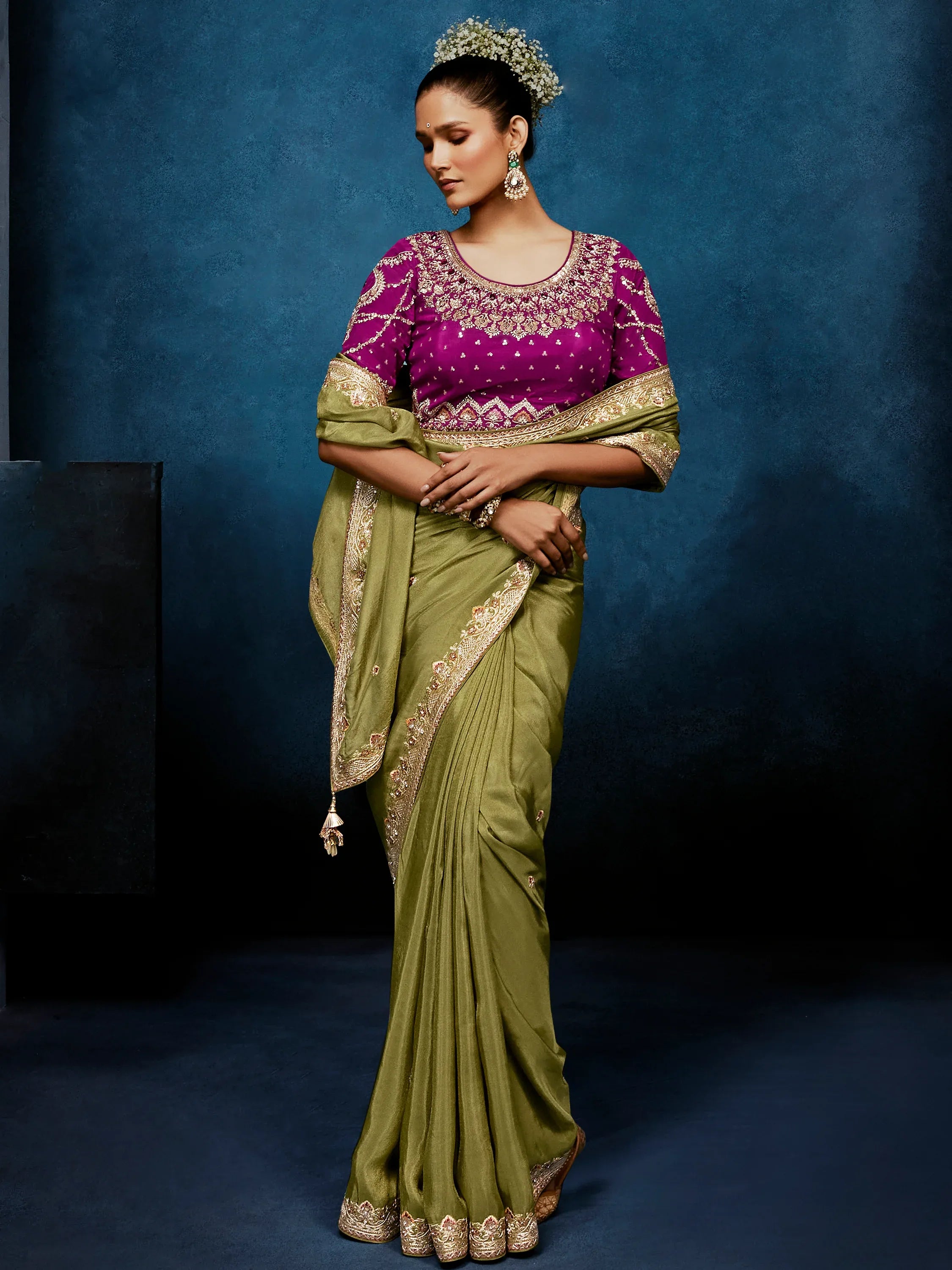 Dazzling Olive Green Embroidered Silk Mehendi Wear Saree With Blouse