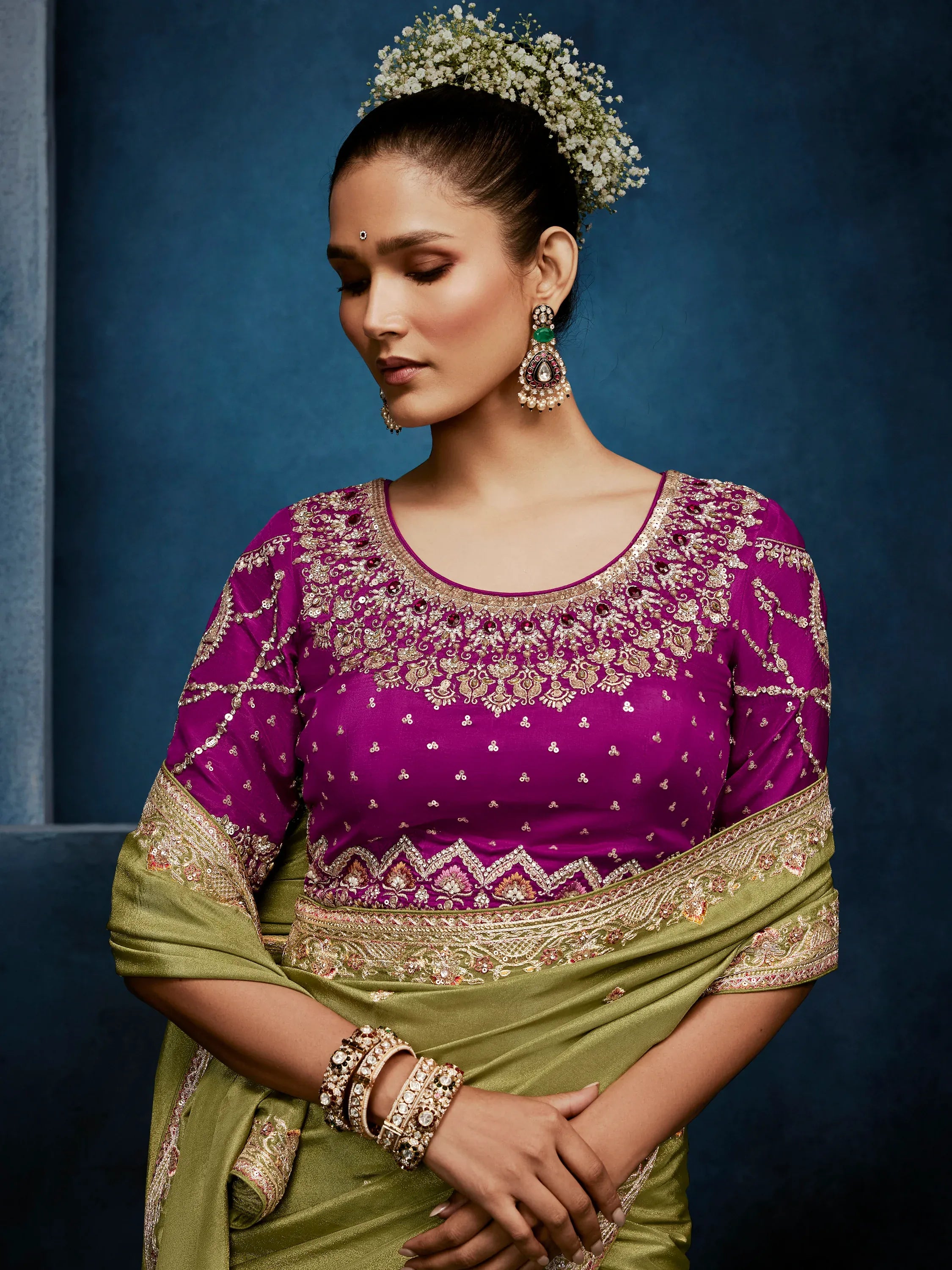 Dazzling Olive Green Embroidered Silk Mehendi Wear Saree With Blouse