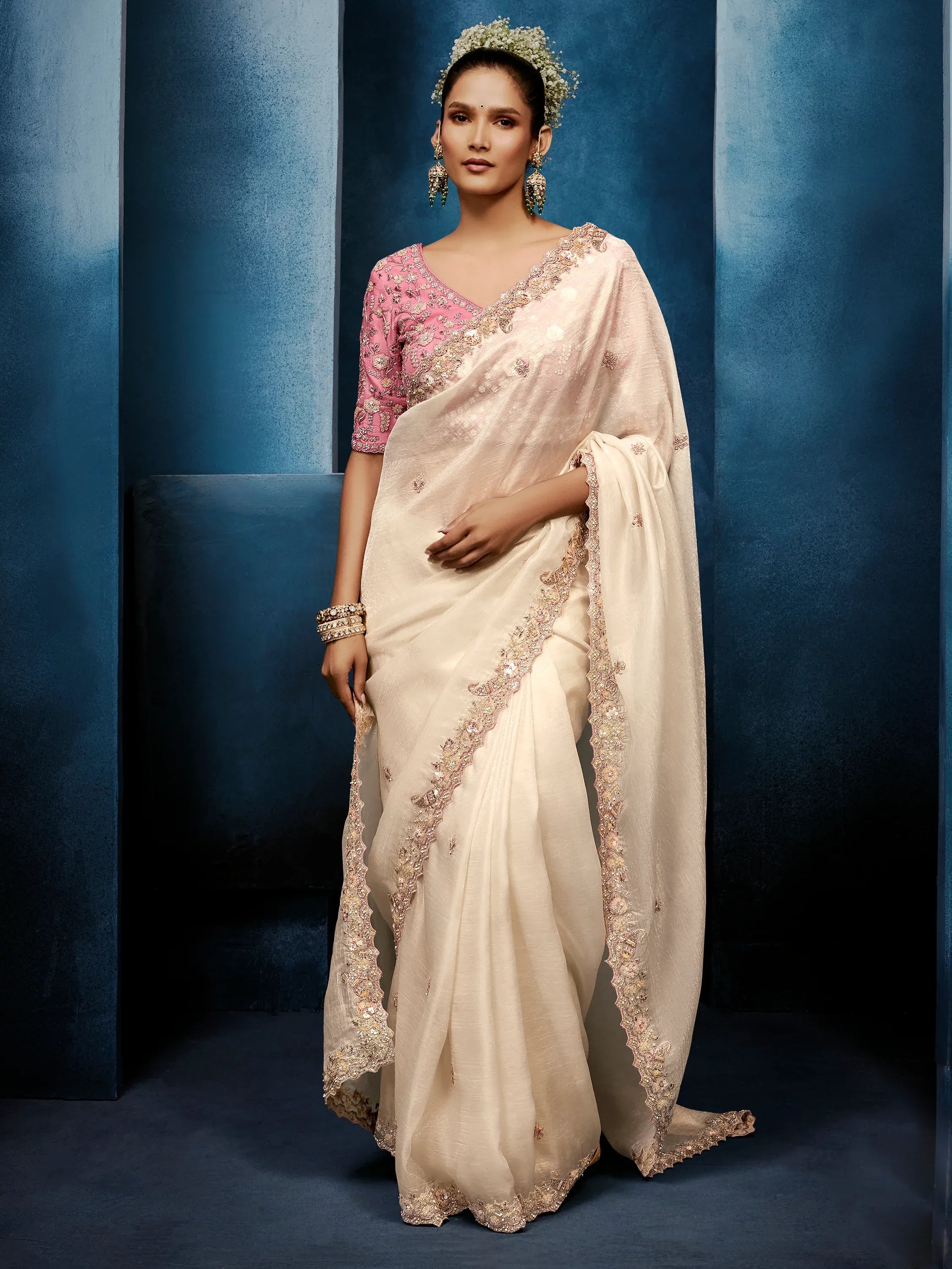 Stylish Off-White Hand Work Silk Marriage Wear Saree With Blouse