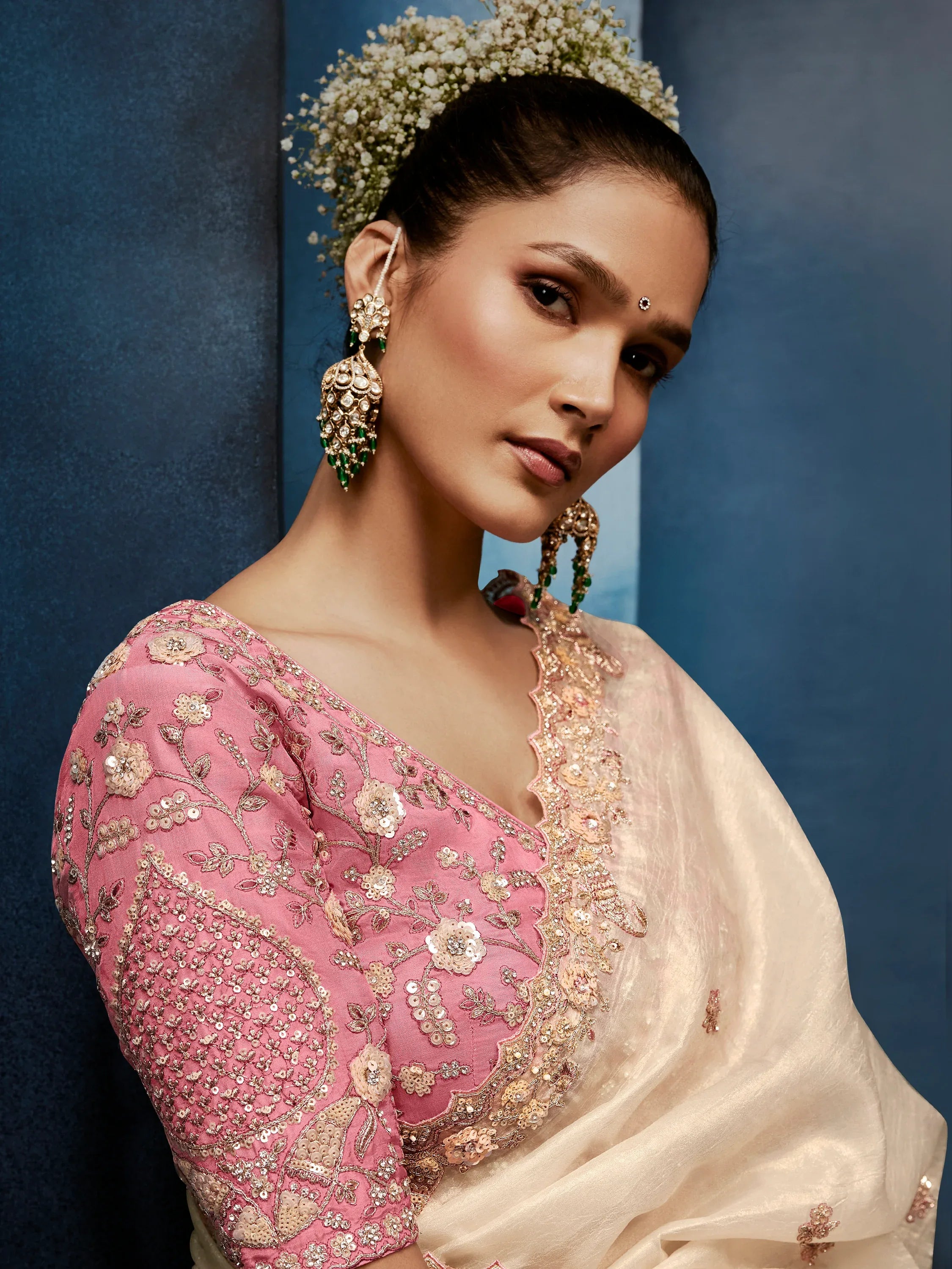 Stylish Off-White Hand Work Silk Marriage Wear Saree With Blouse