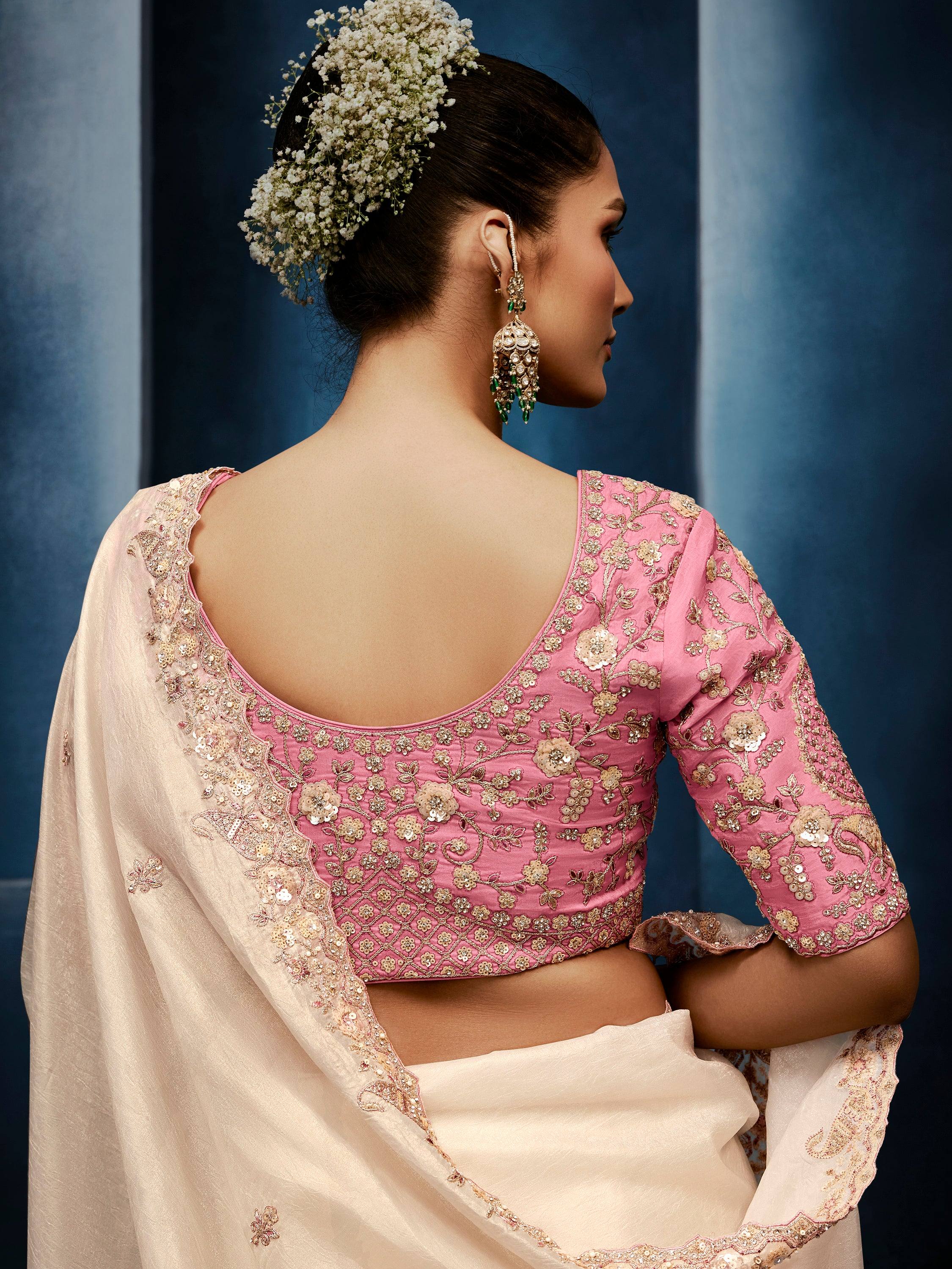 Stylish Off-White Hand Work Silk Marriage Wear Saree With Blouse