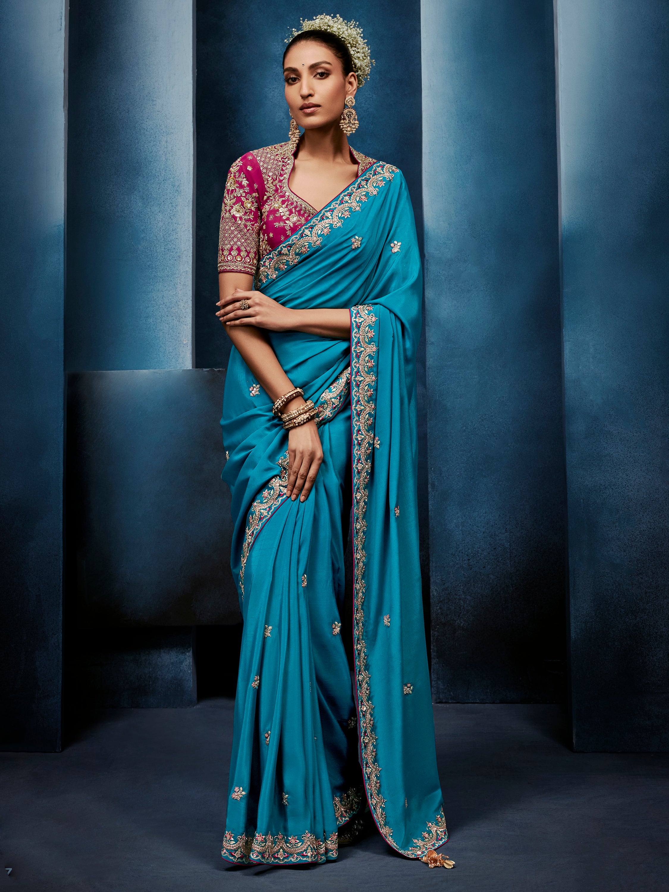 Attractive Teal Blue Khatli Work Silk Function Wear Saree With Blouse