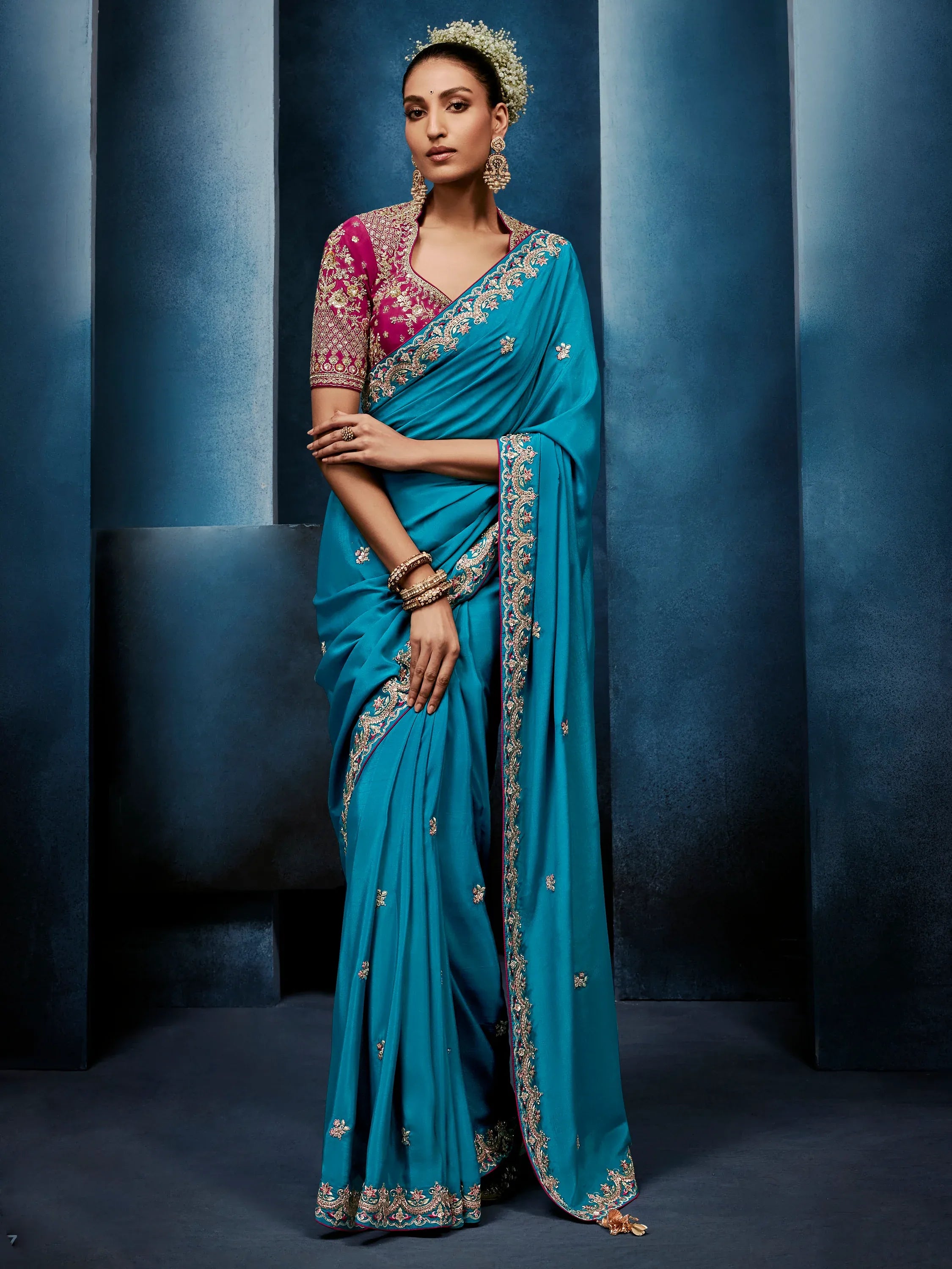 Attractive Teal Blue Khatli Work Silk Function Wear Saree With Blouse