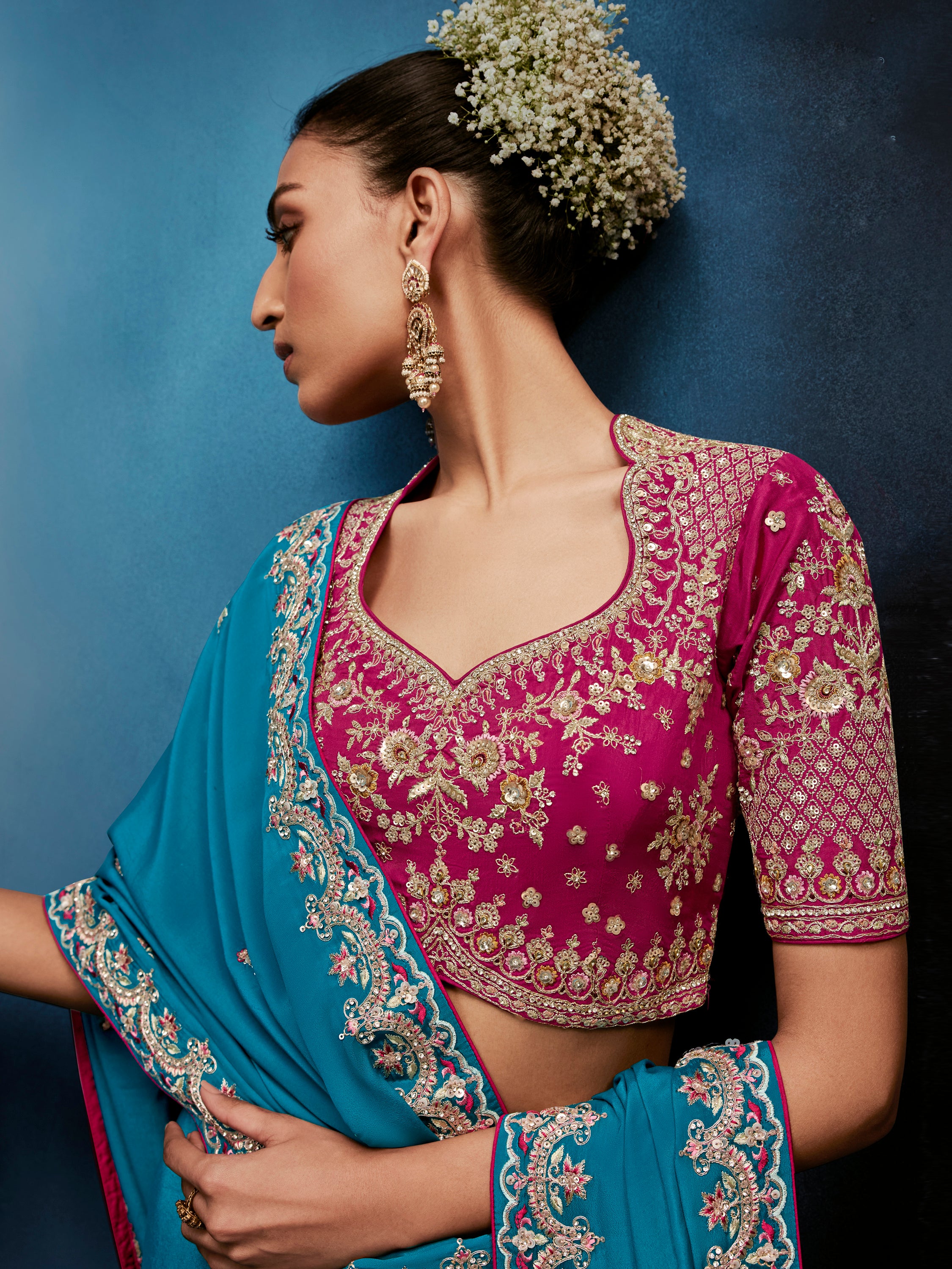 Attractive Teal Blue Khatli Work Silk Function Wear Saree With Blouse