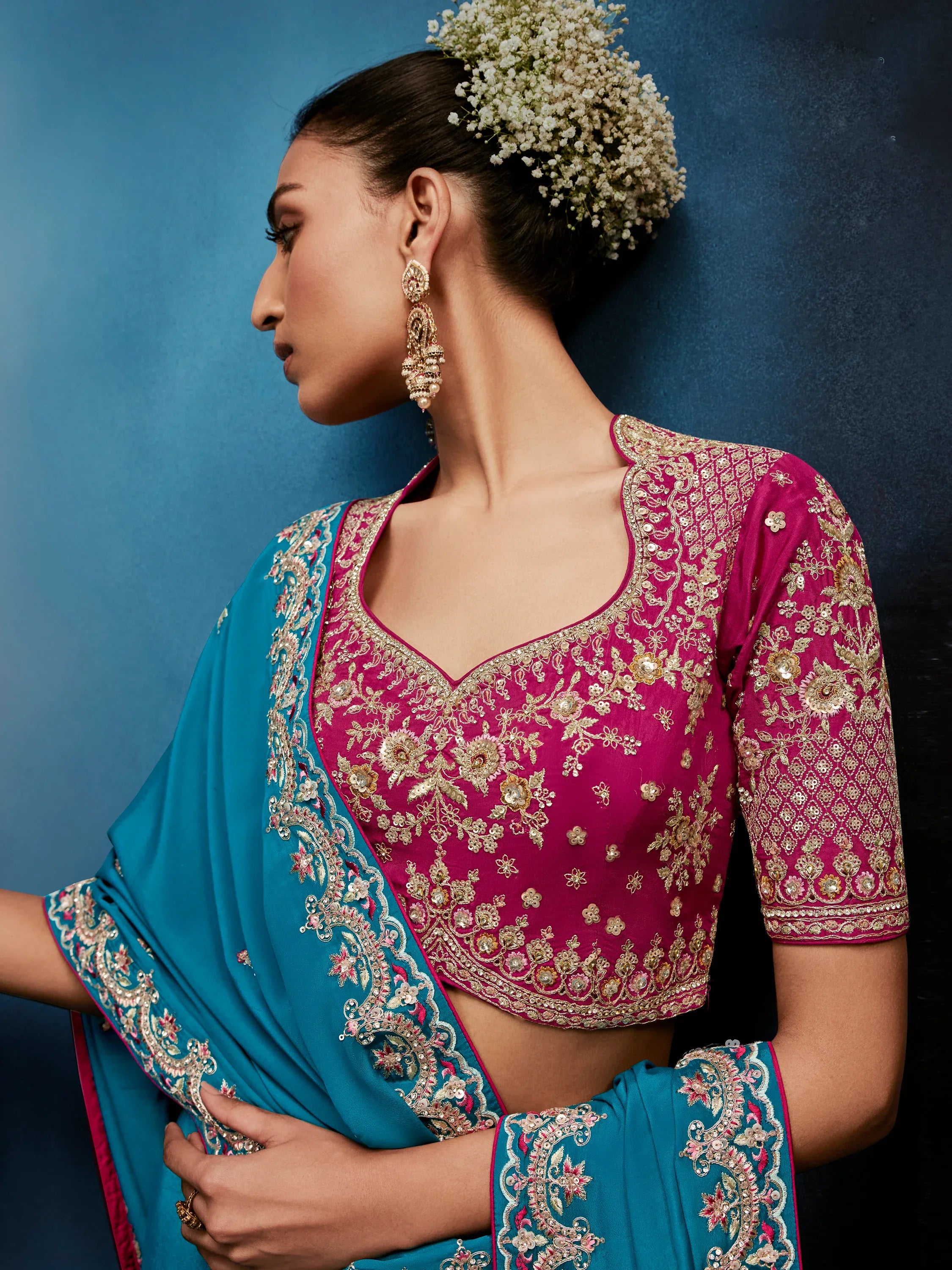 Attractive Teal Blue Khatli Work Silk Function Wear Saree With Blouse