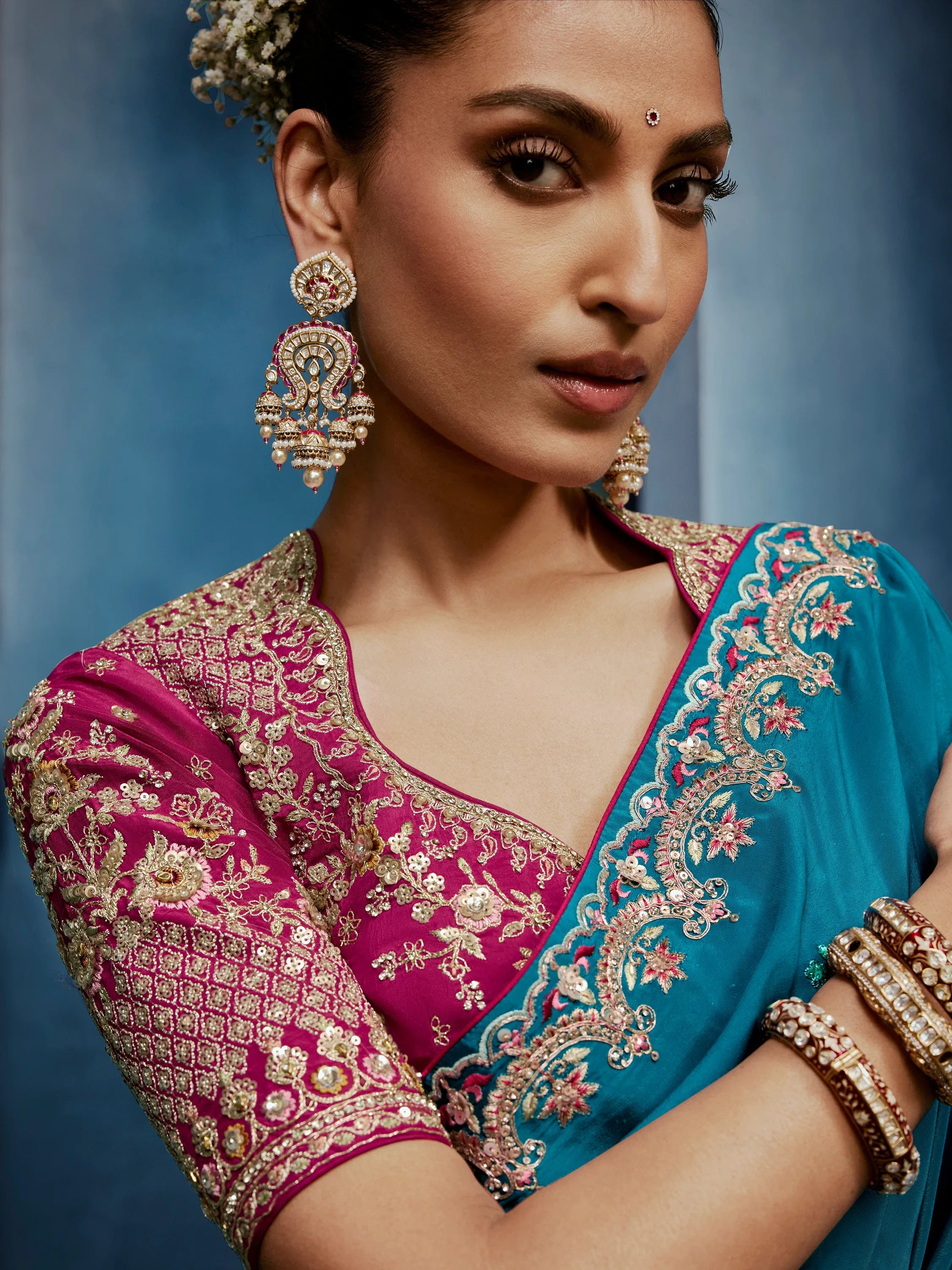 Attractive Teal Blue Khatli Work Silk Function Wear Saree With Blouse