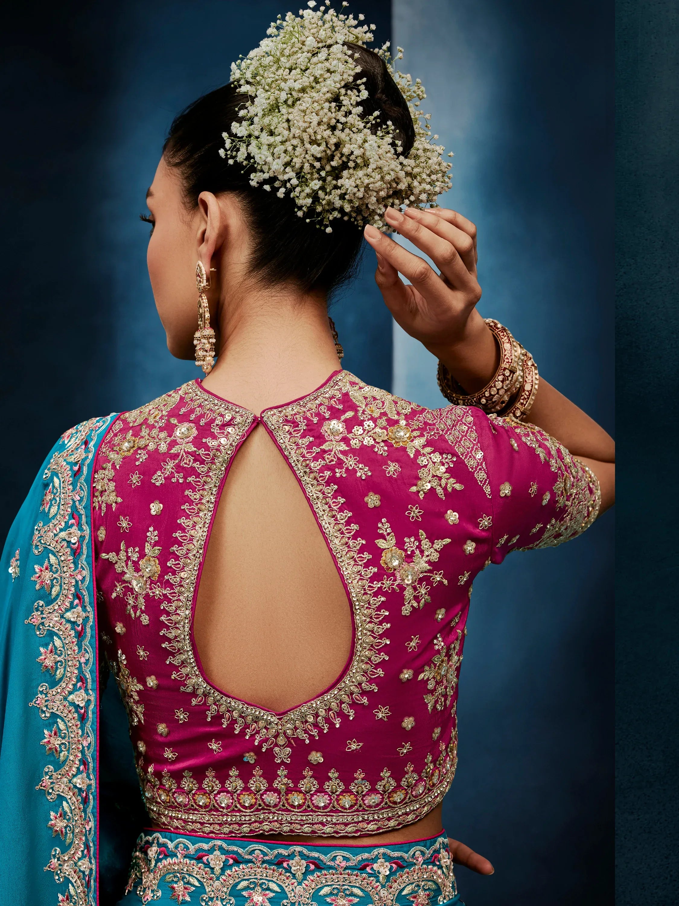 Attractive Teal Blue Khatli Work Silk Function Wear Saree With Blouse