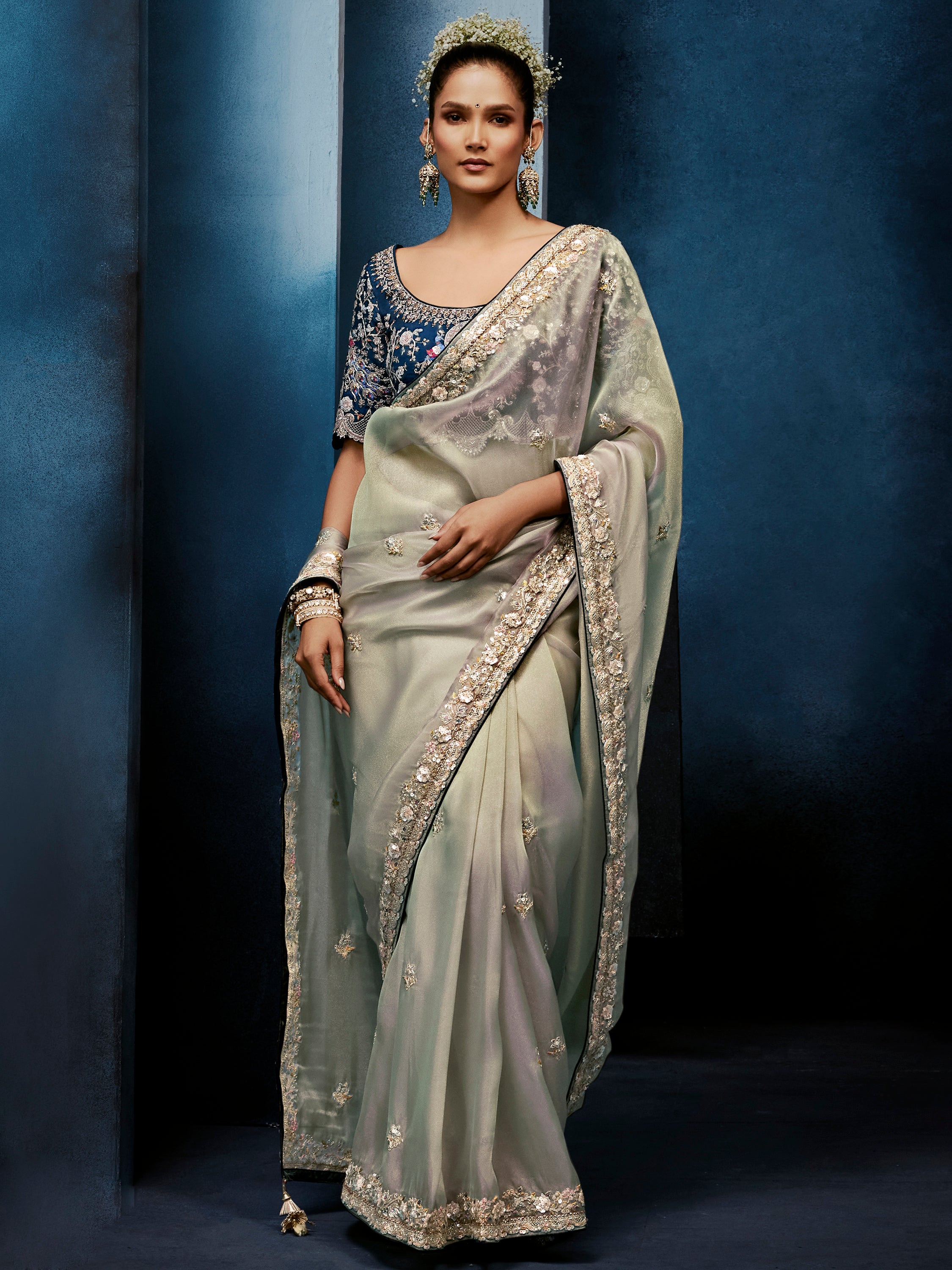 Magnificent Grey Sequins Silk Festive Wear Saree With Blouse