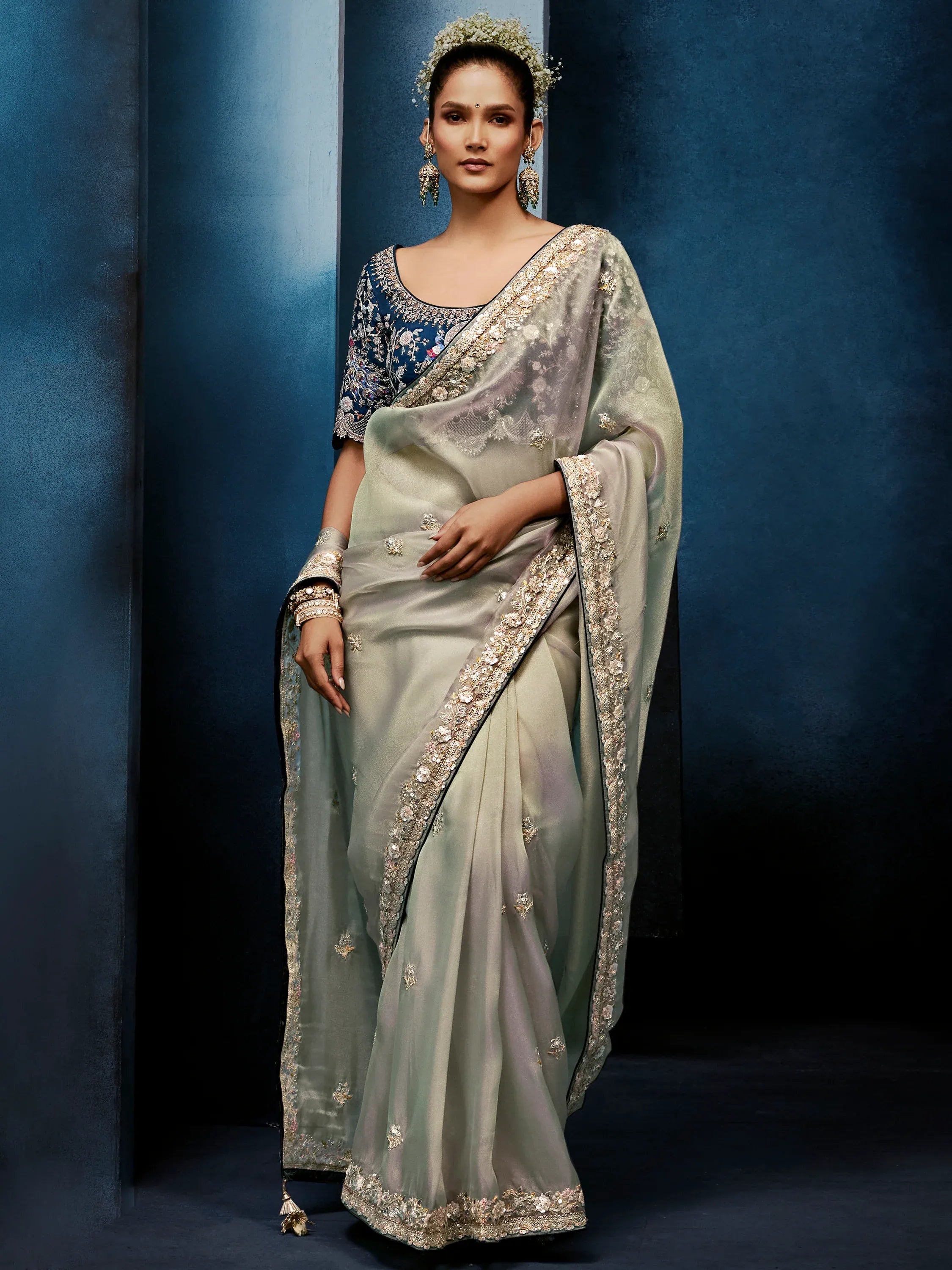 Magnificent Grey Sequins Silk Festive Wear Saree With Blouse