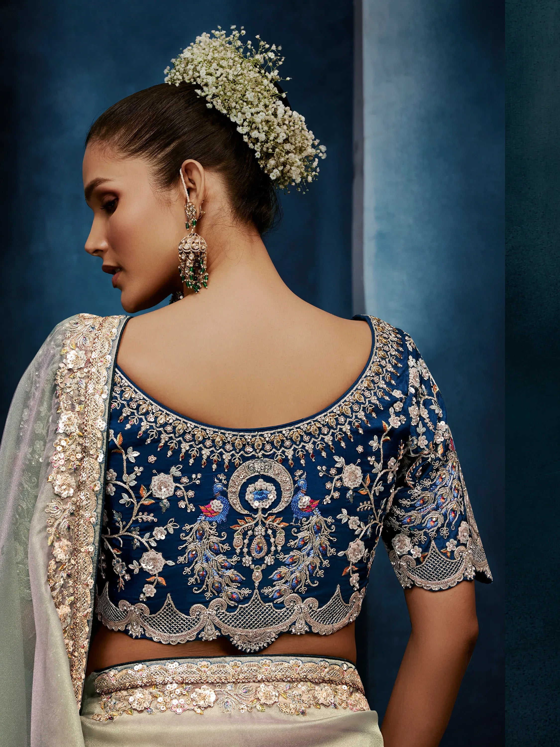 Magnificent Grey Sequins Silk Festive Wear Saree With Blouse