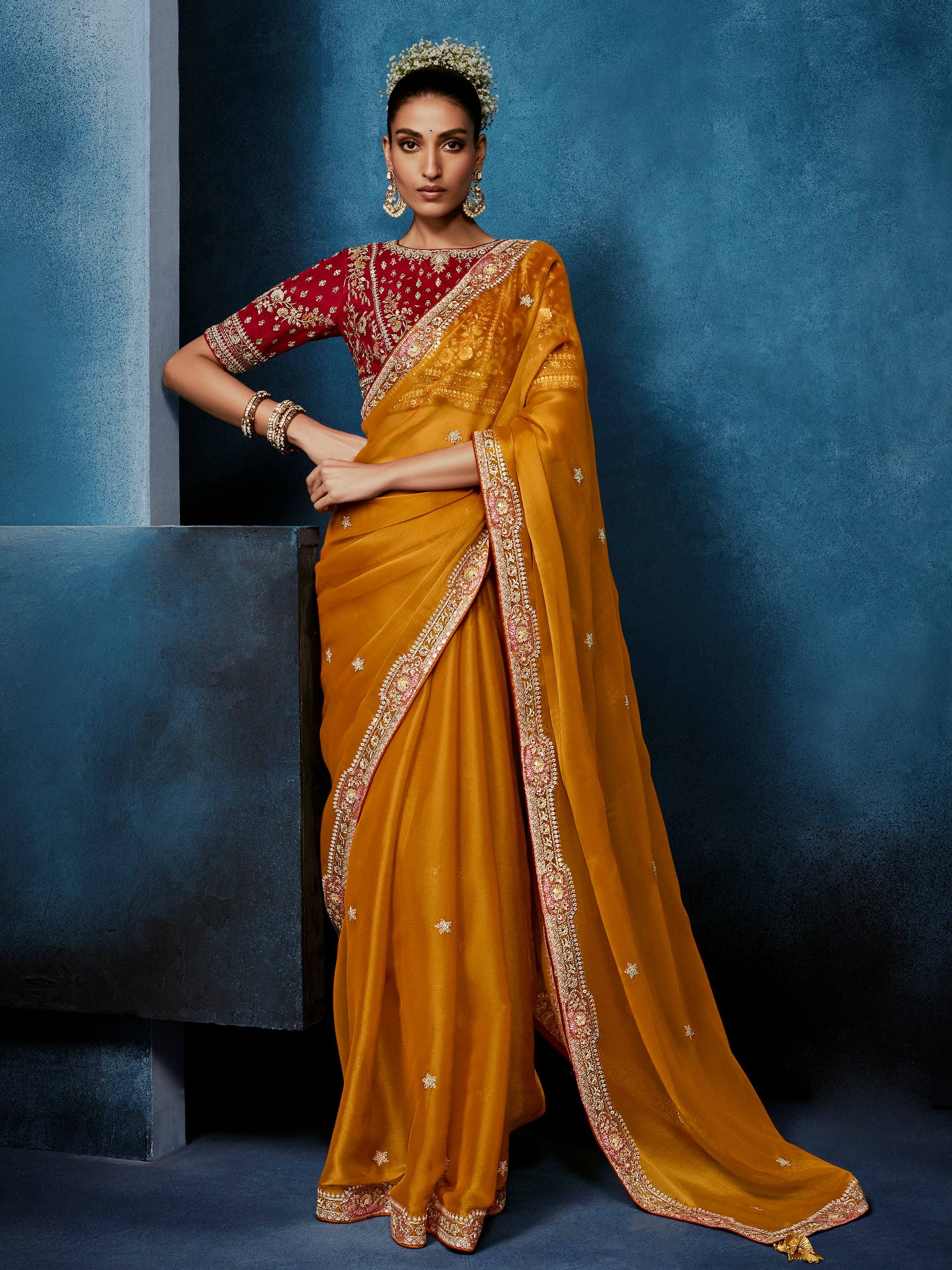 Rich Mustard Yellow Thread Work Silk Haldi Wear Saree With Blouse