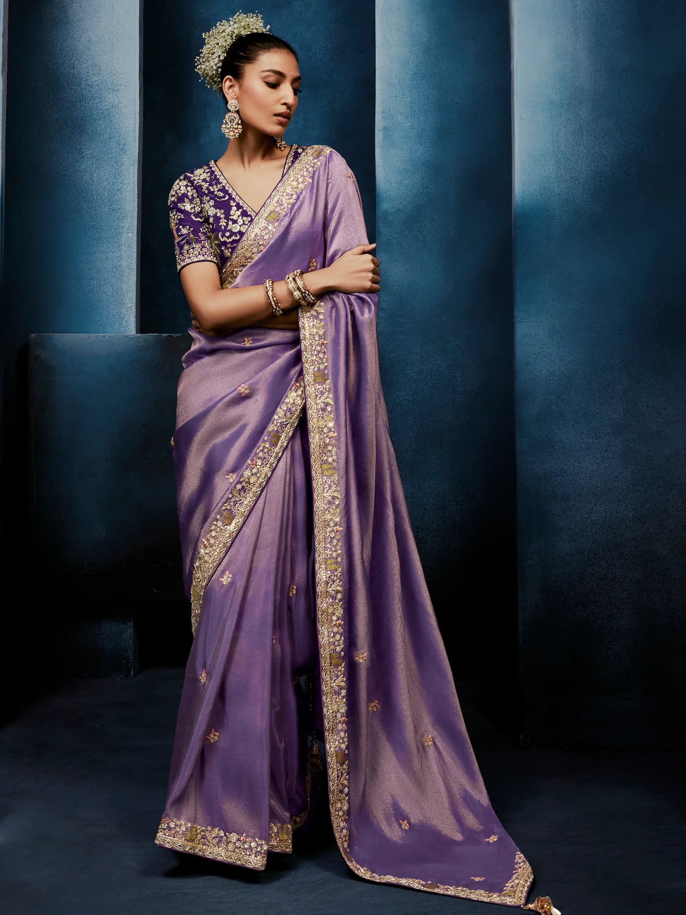 Pretty Lavender Hand Embroidery Silk Engagement Wear Saree With Blouse
