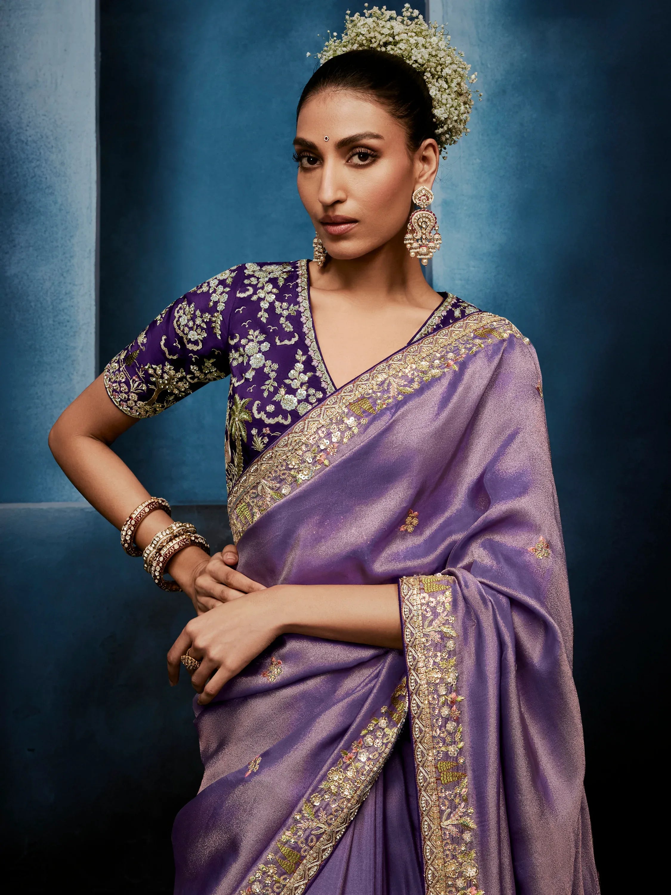 Pretty Lavender Hand Embroidery Silk Engagement Wear Saree With Blouse