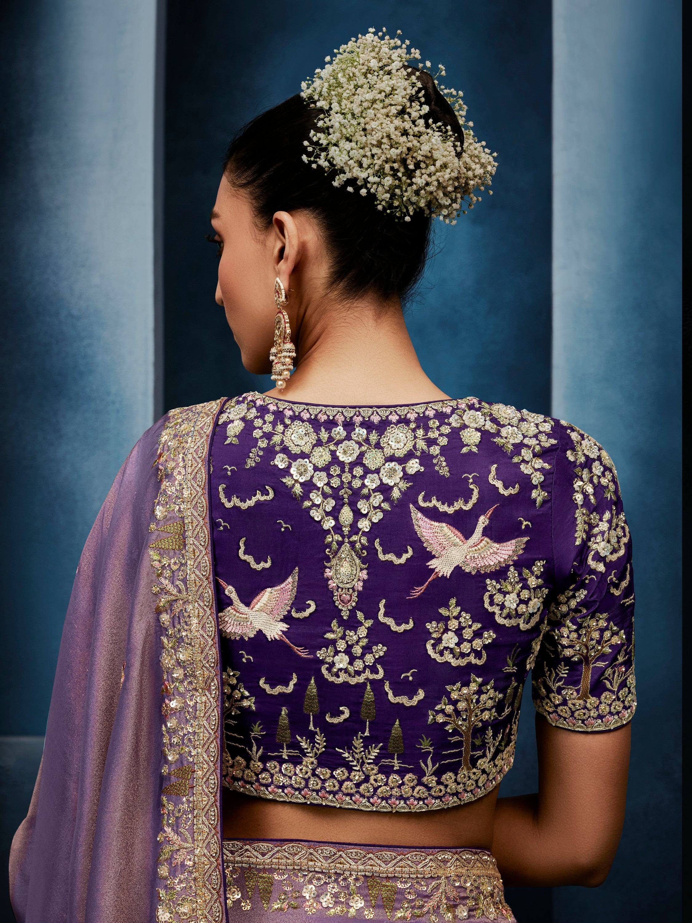 Pretty Lavender Hand Embroidery Silk Engagement Wear Saree With Blouse
