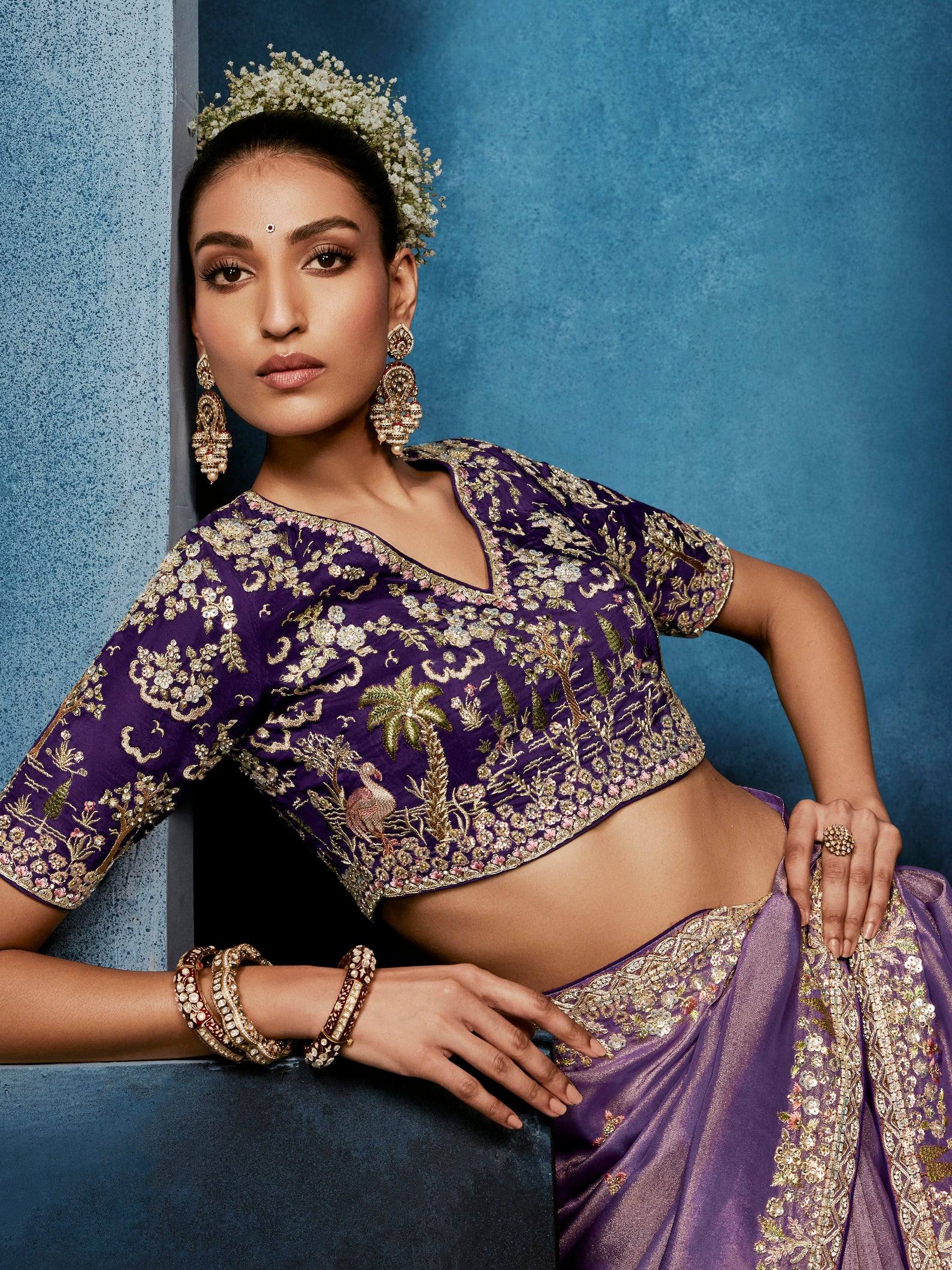 Pretty Lavender Hand Embroidery Silk Engagement Wear Saree With Blouse