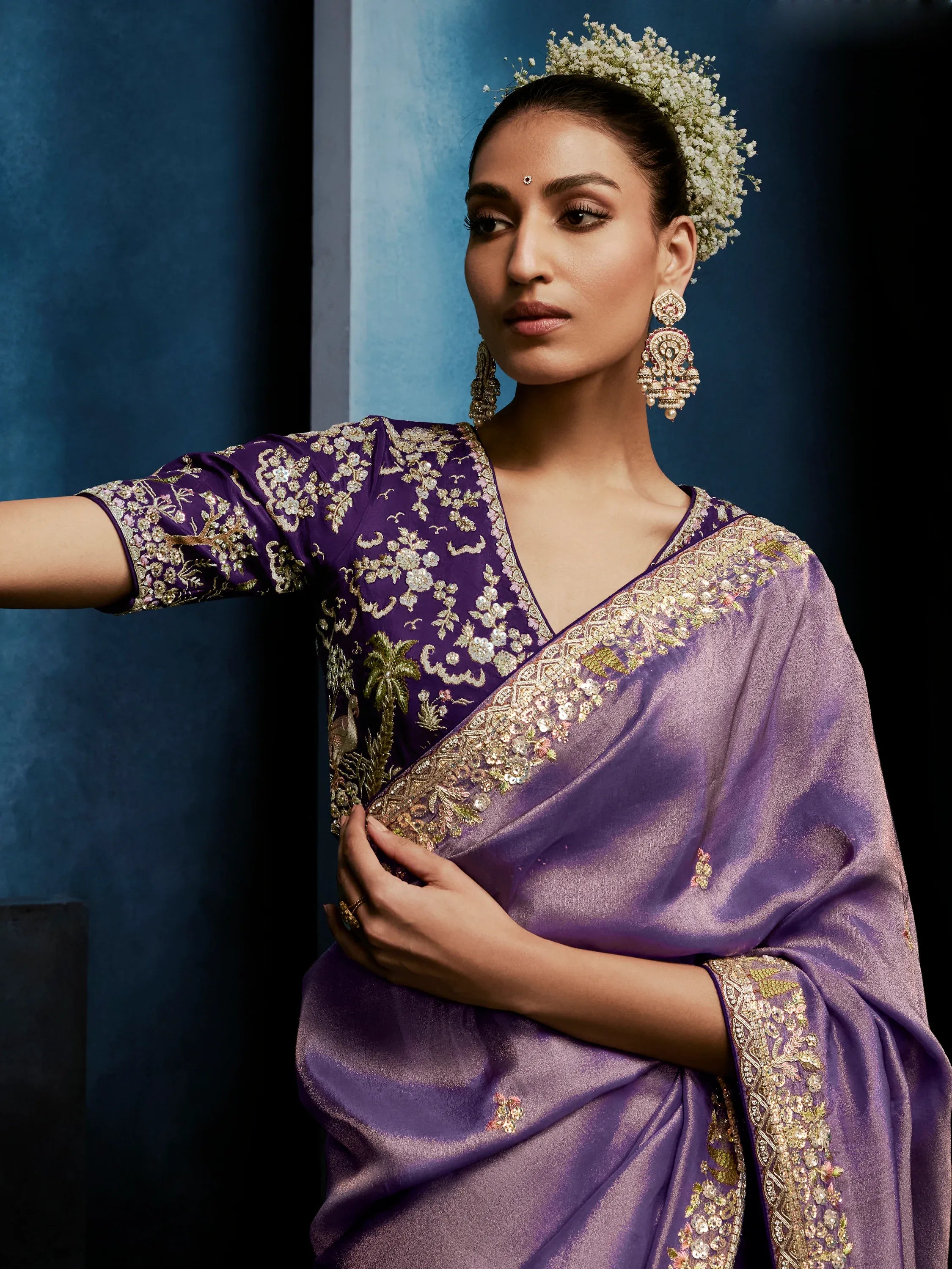 Pretty Lavender Hand Embroidery Silk Engagement Wear Saree With Blouse