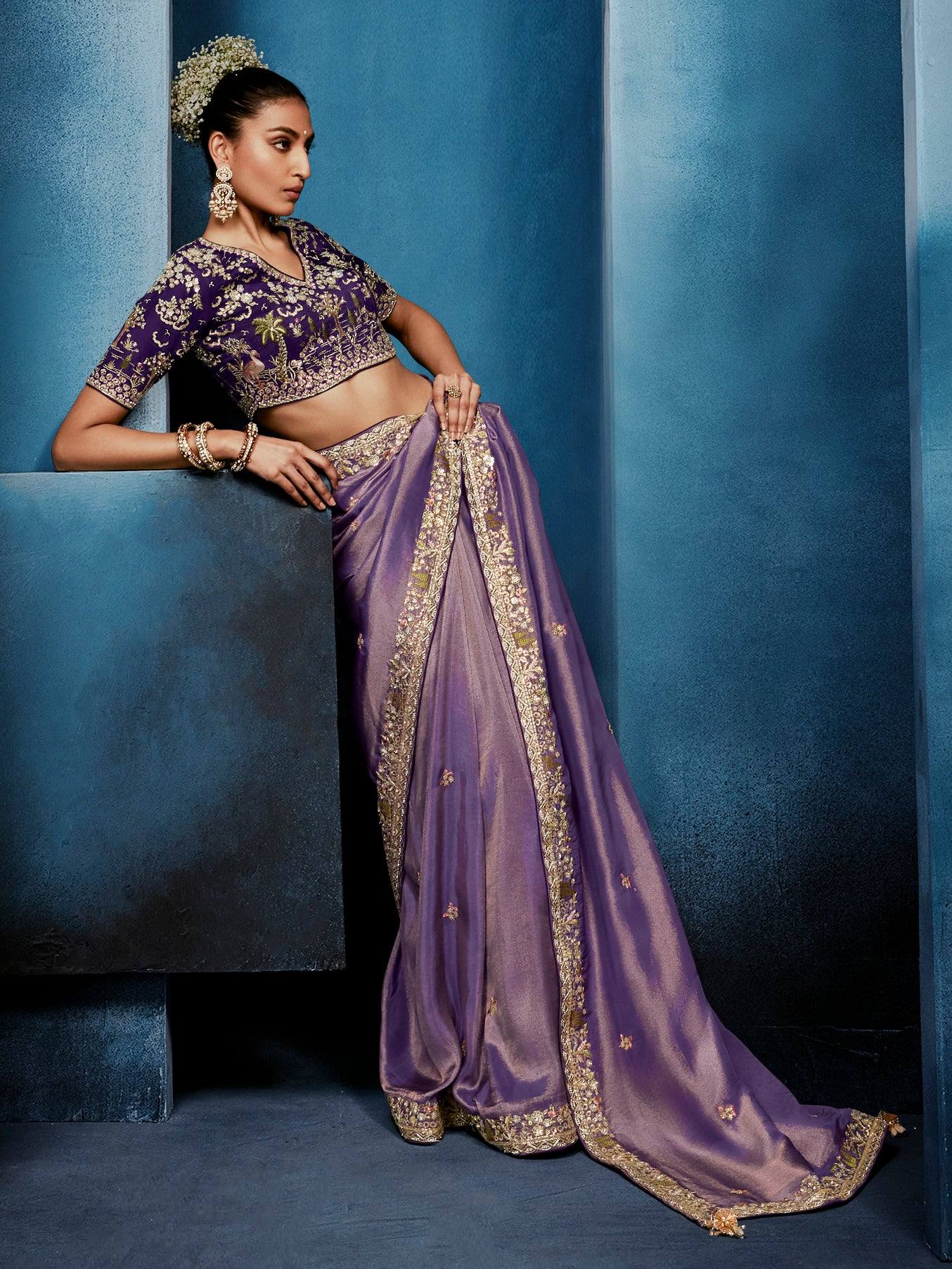 Pretty Lavender Hand Embroidery Silk Engagement Wear Saree With Blouse