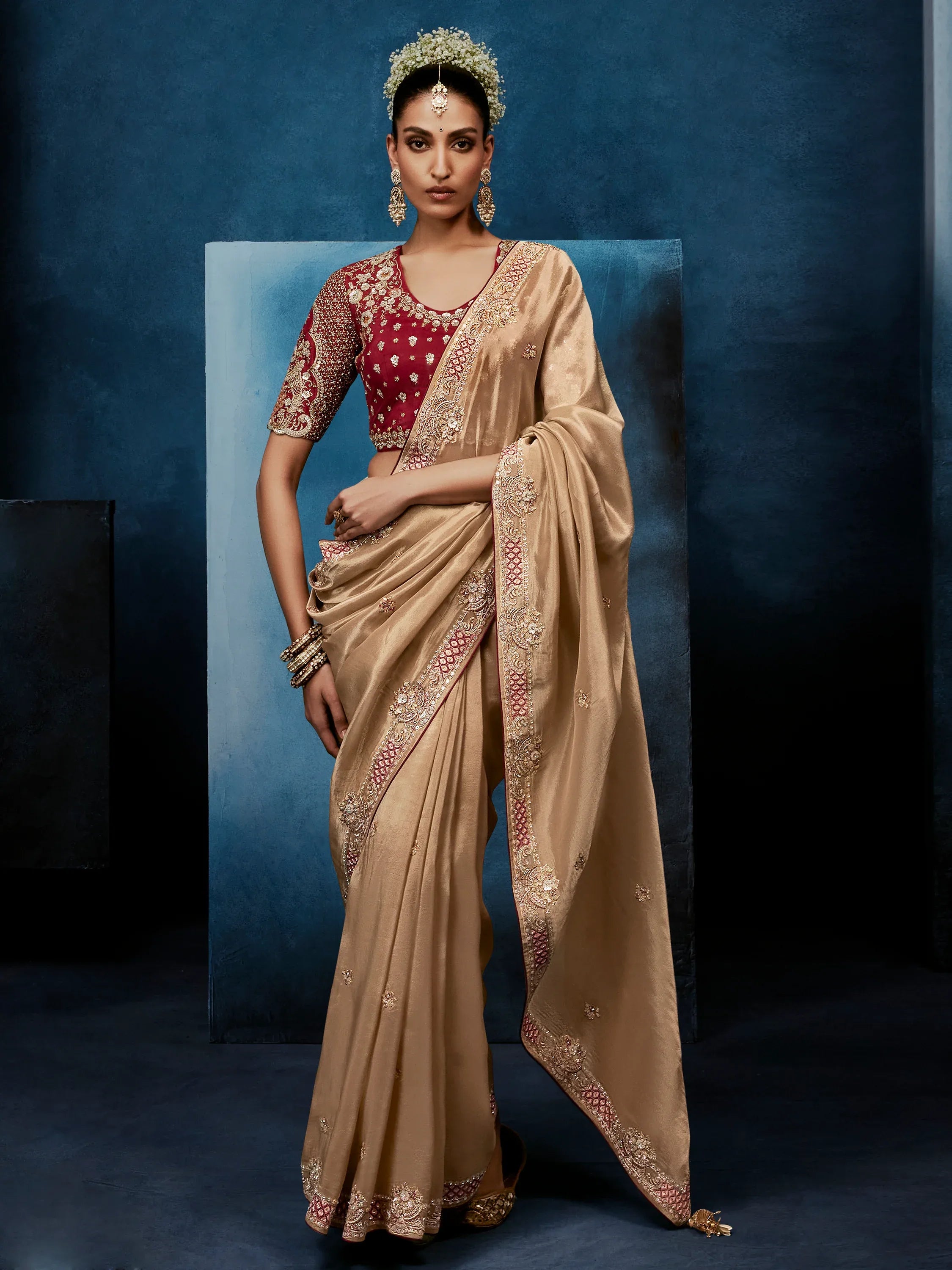 Charming Beige Embroidered Silk Reception Wear Saree With Blouse