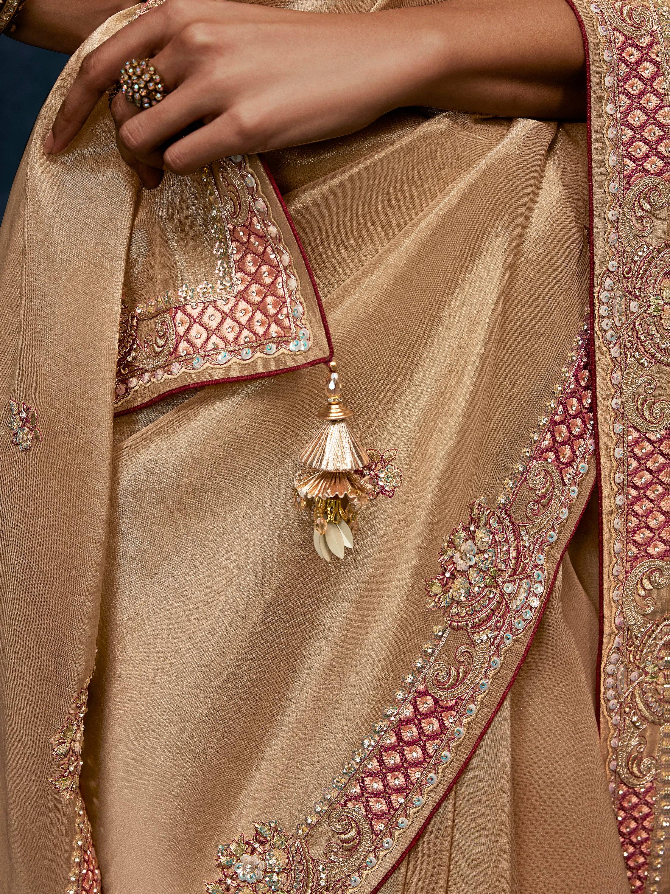 Charming Beige Embroidered Silk Reception Wear Saree With Blouse