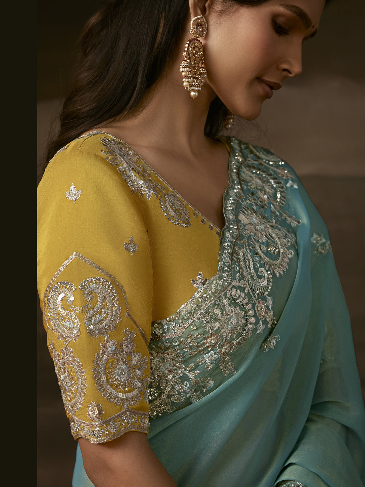 Grand Aqua Blue Aari Work Organza Wedding Wear Saree With Blouse