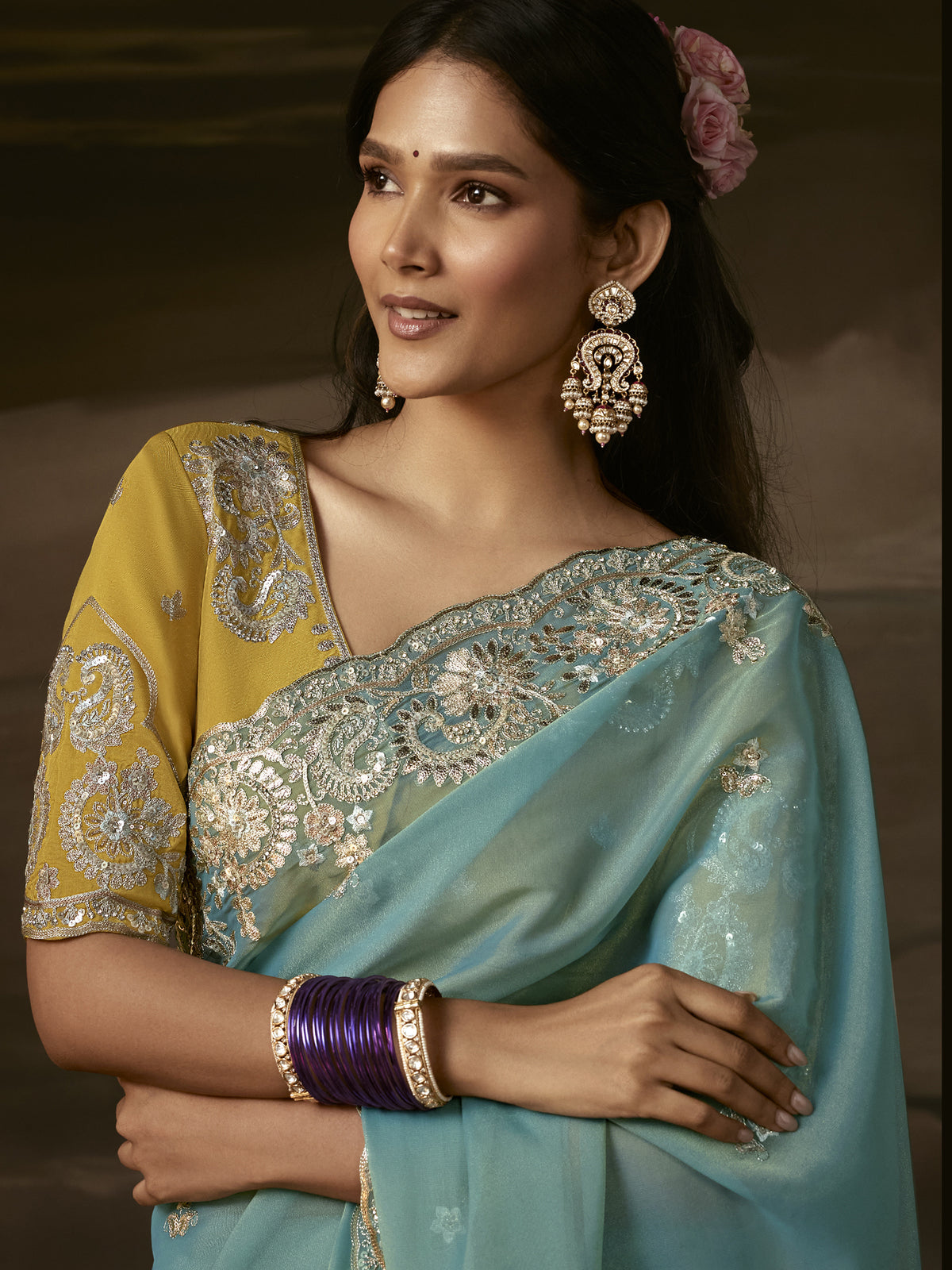 Grand Aqua Blue Aari Work Organza Wedding Wear Saree With Blouse