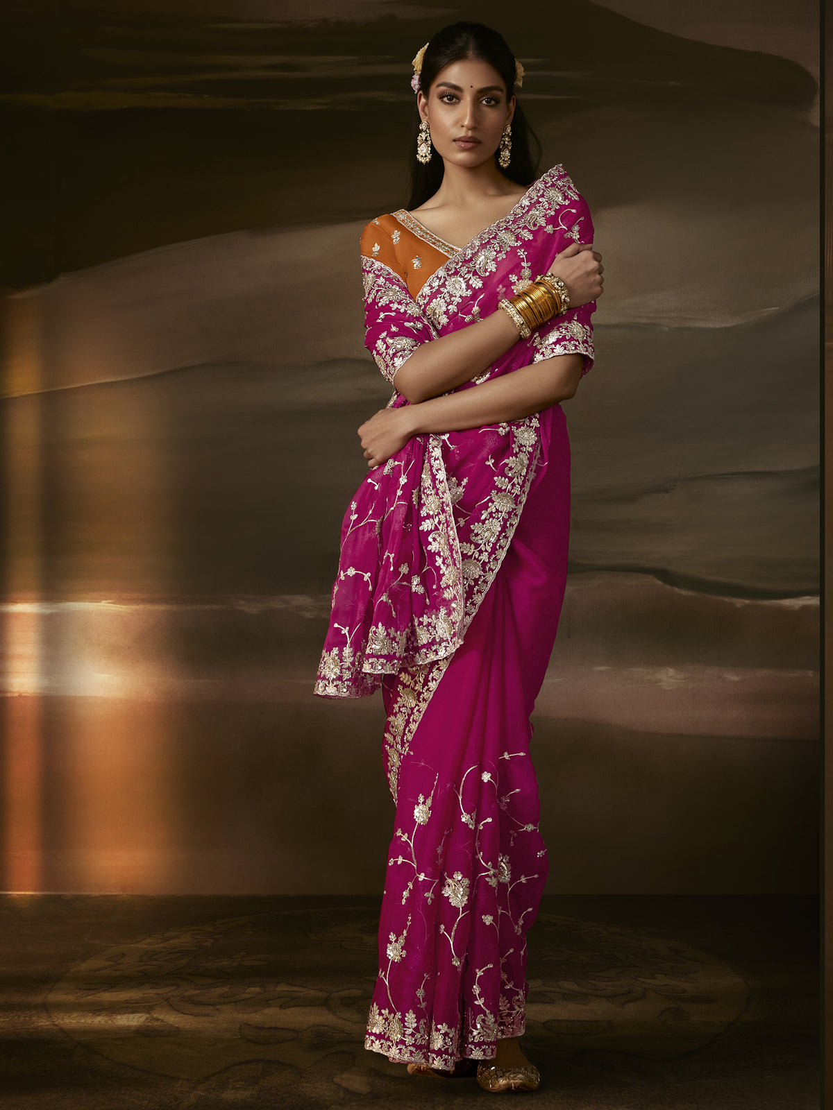 Pretty Rani Pink Zari Embroidery Organza Designer Saree With Blouse