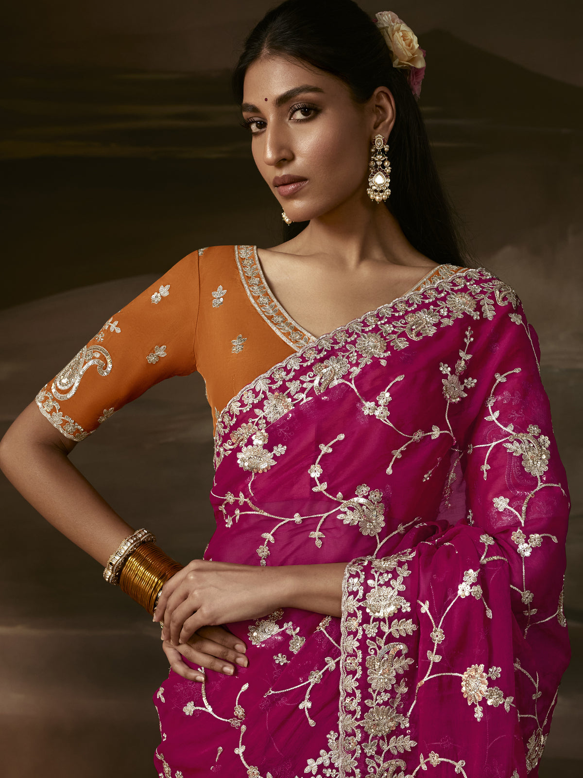 Pretty Rani Pink Zari Embroidery Organza Designer Saree With Blouse