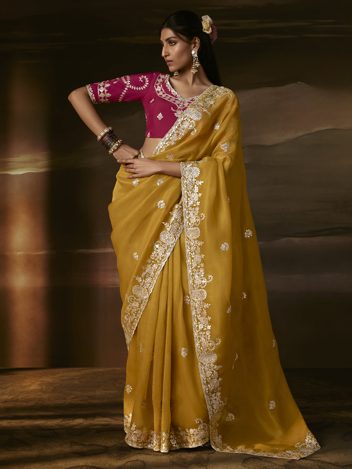 Lovely Mustard Yellow Embroidered Organza Saree With Blouse
