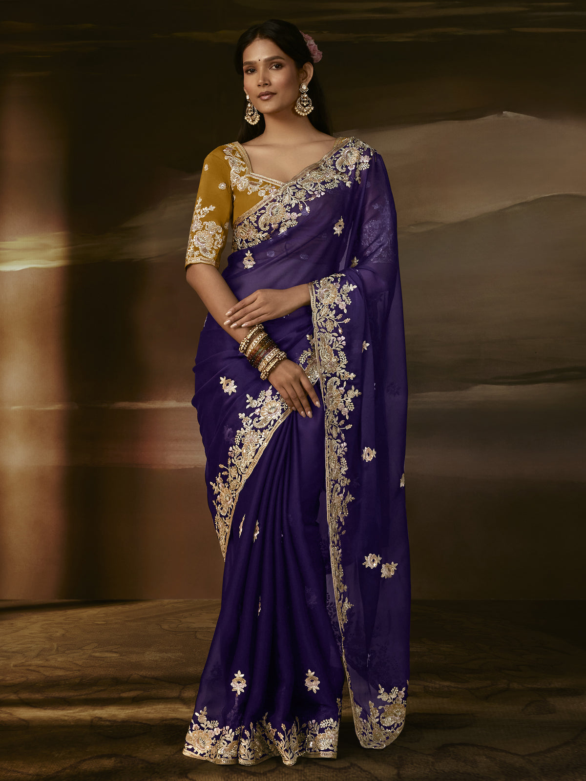 Elegant Purple Sequins Organza Wedding Wear Saree With Blouse