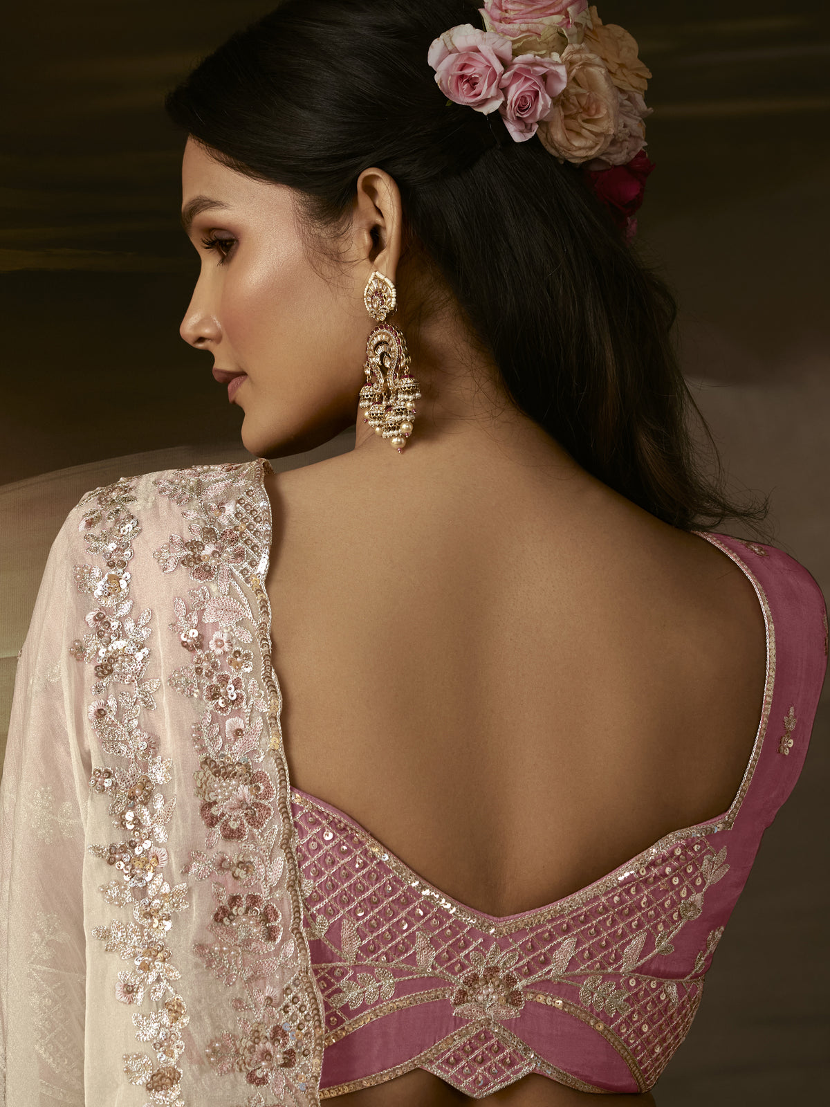 Classy Off-White Floral Embroidery Organza Traditional Saree With Blouse