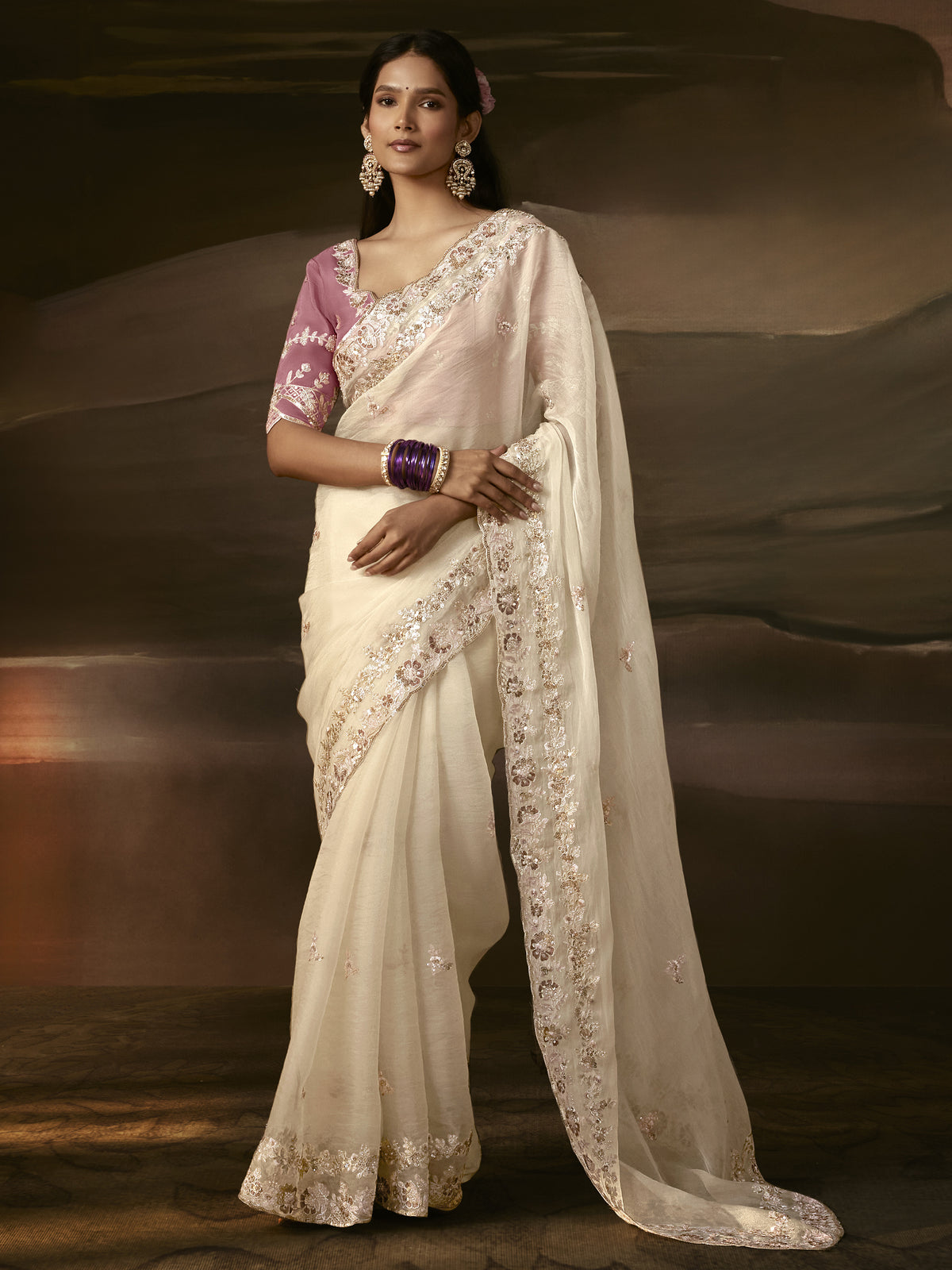 Classy Off-White Floral Embroidery Organza Traditional Saree With Blouse