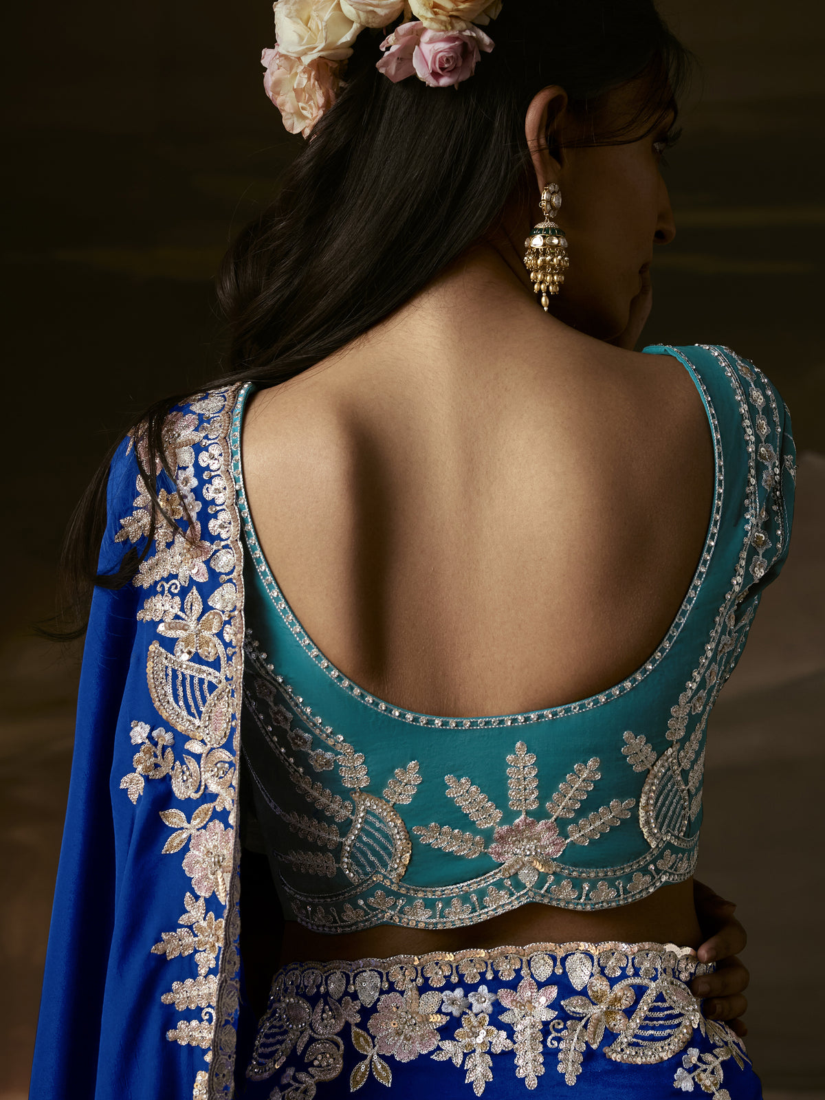 Graceful Royal Blue Embroidered Organza Evening Wear Saree With Blouse
