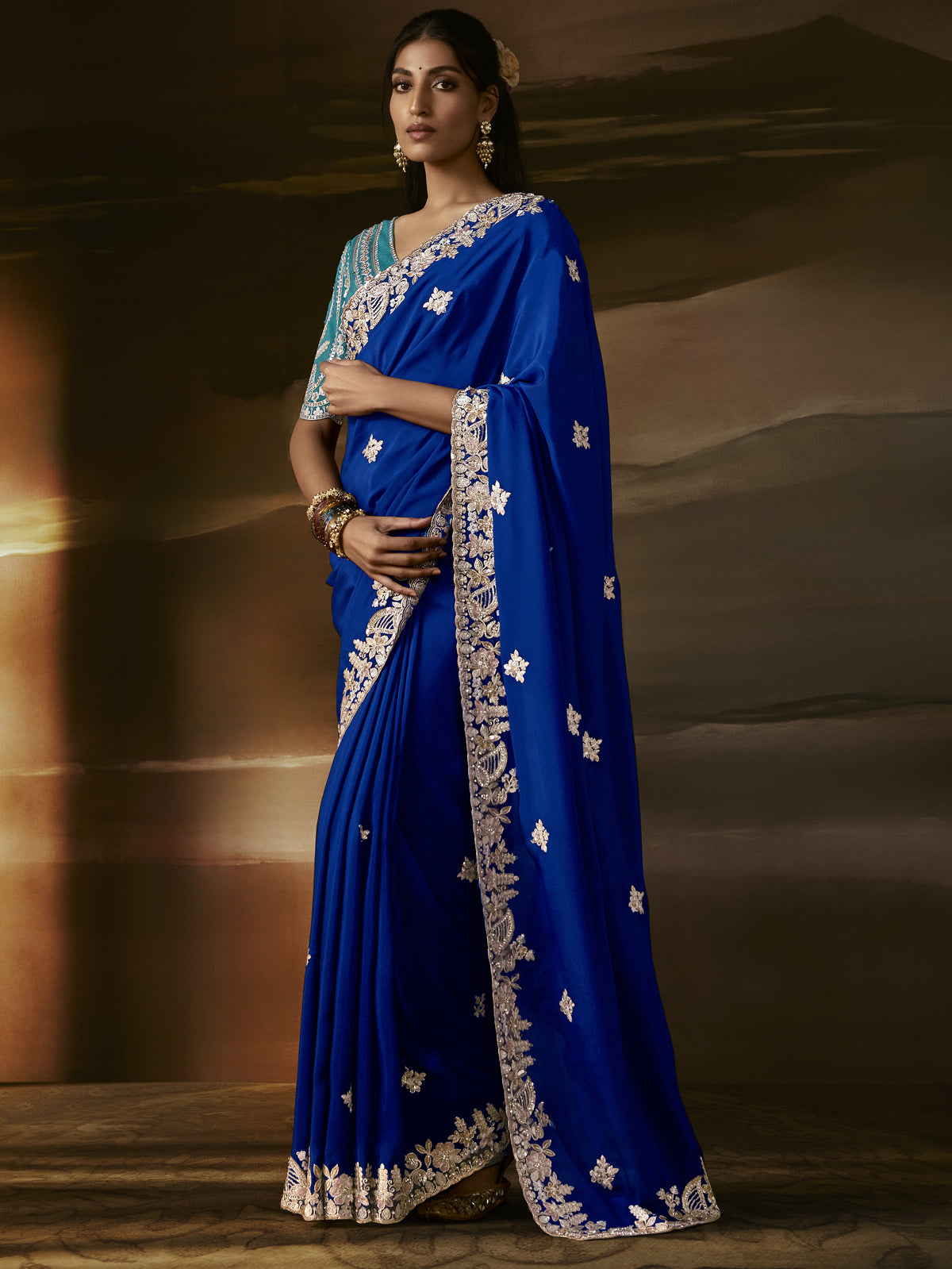 Graceful Royal Blue Embroidered Organza Evening Wear Saree With Blouse