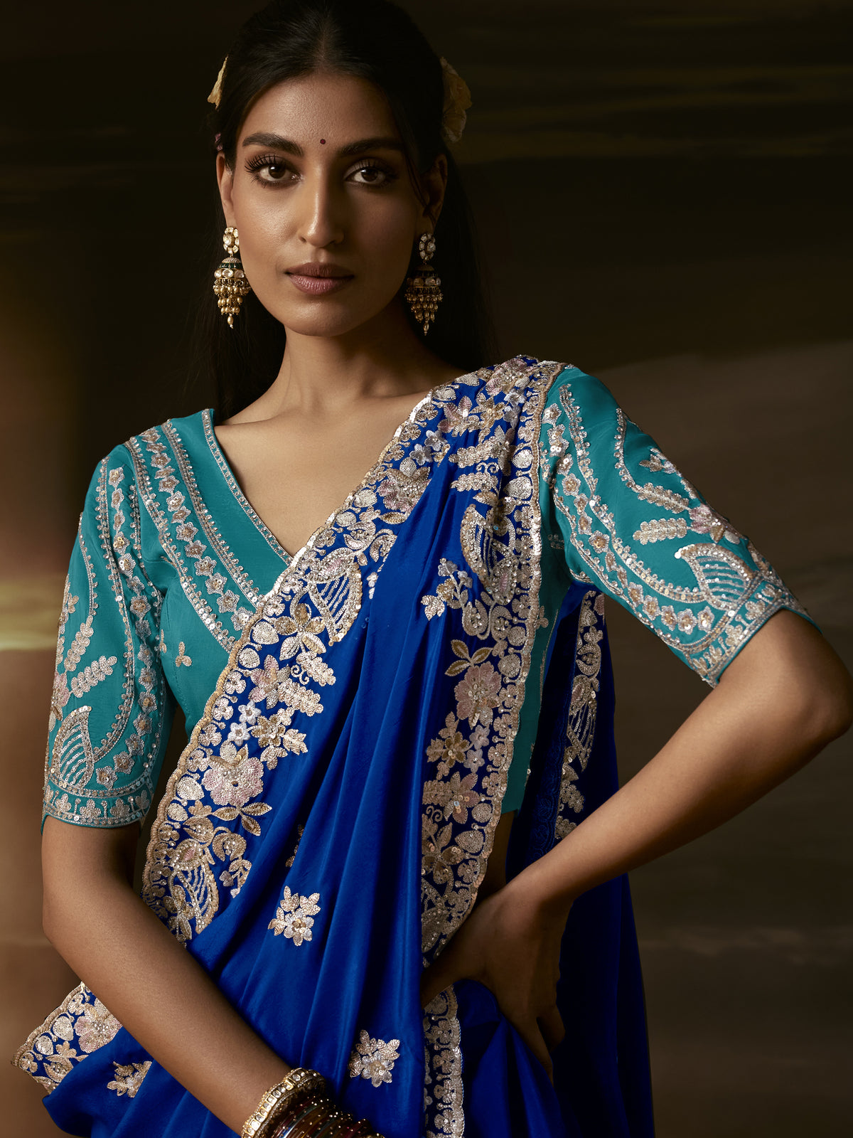 Graceful Royal Blue Embroidered Organza Evening Wear Saree With Blouse