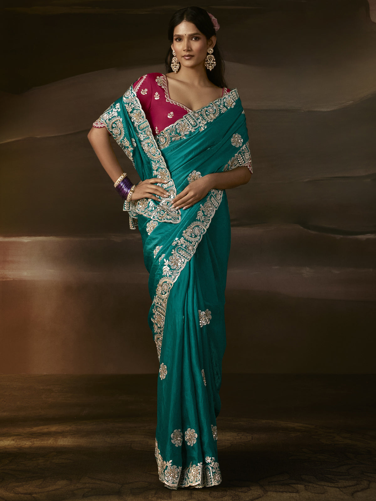 Superb Teal Green Sequins Organza Party Wear Saree With Blouse