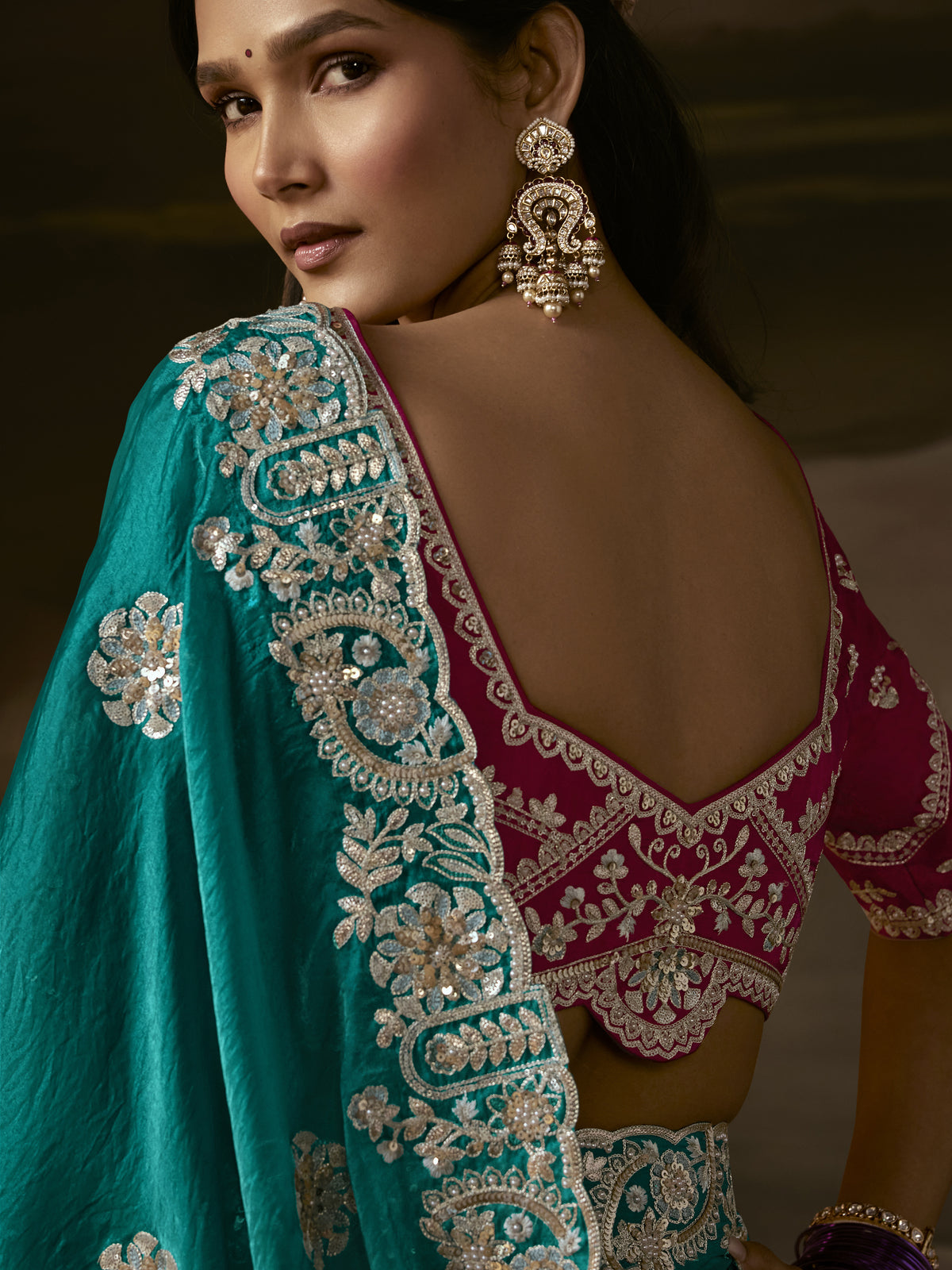 Superb Teal Green Sequins Organza Party Wear Saree With Blouse