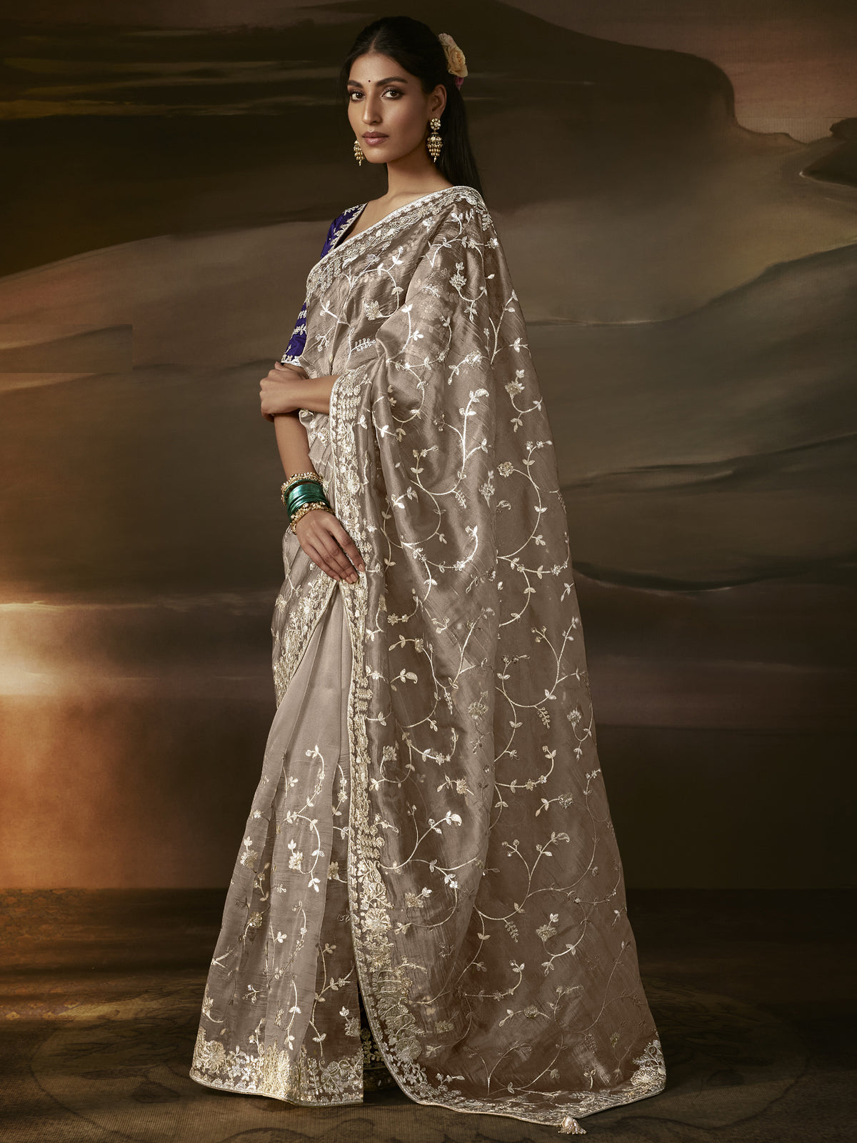 Glorious Beige Aari Work Organza Sangeet Wear Saree With Blouse