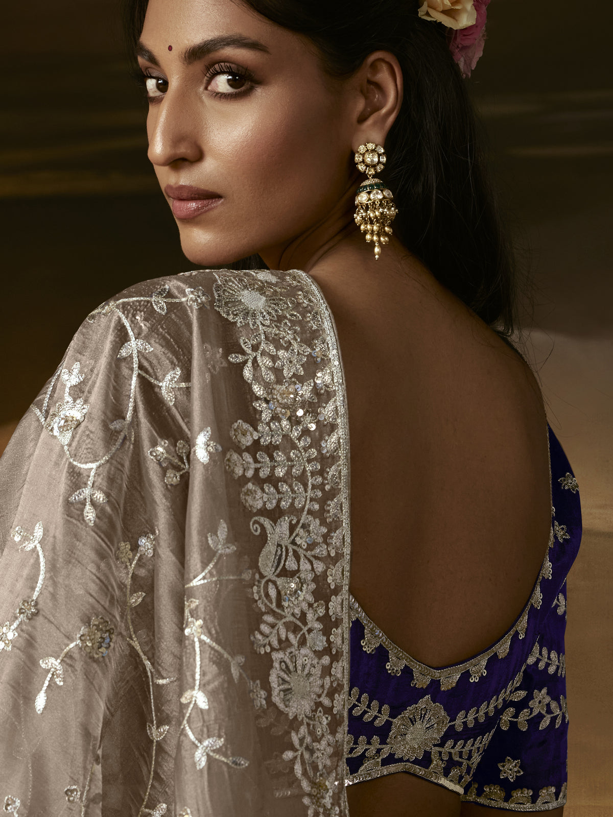 Glorious Beige Aari Work Organza Sangeet Wear Saree With Blouse