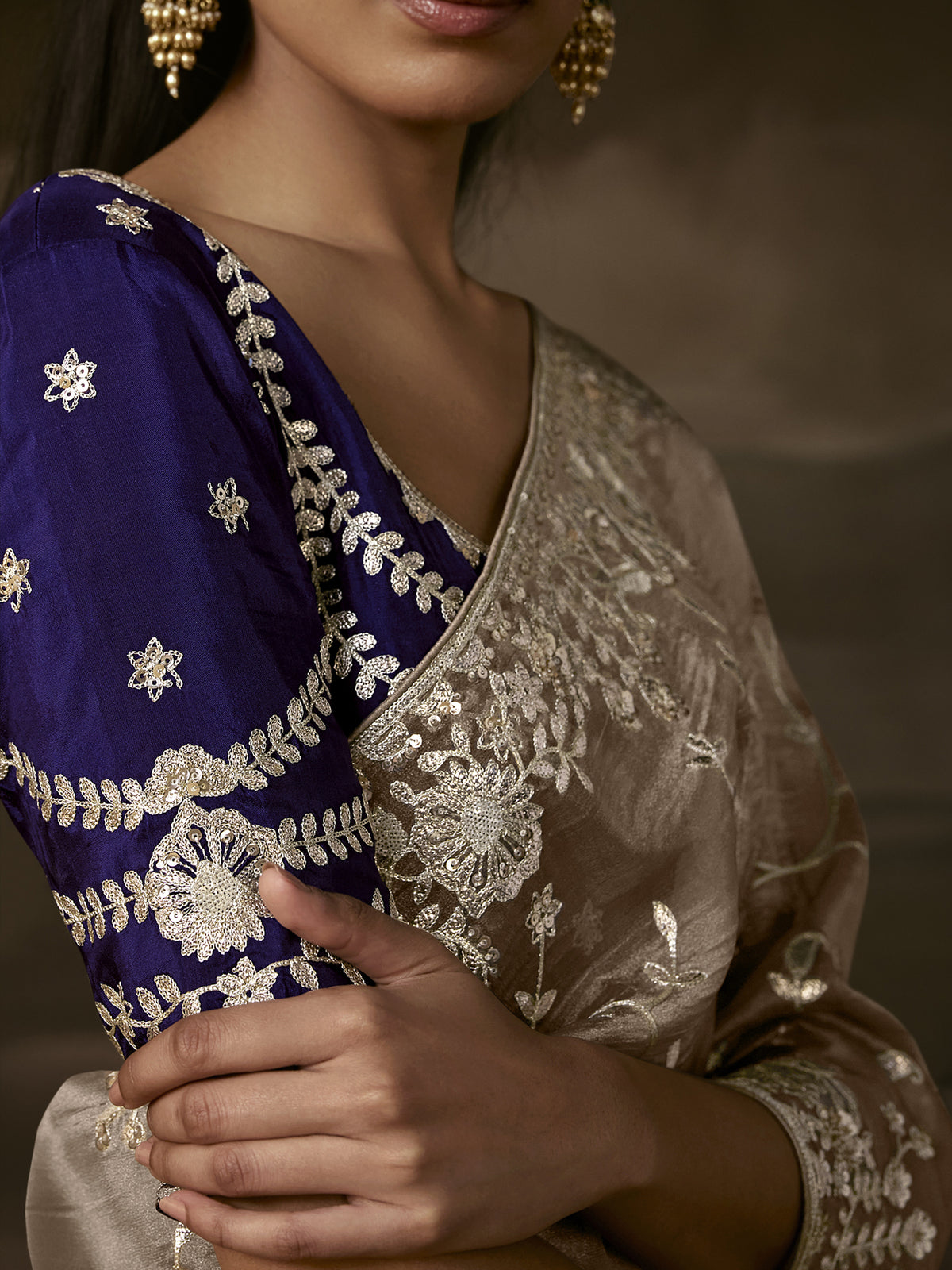 Glorious Beige Aari Work Organza Sangeet Wear Saree With Blouse