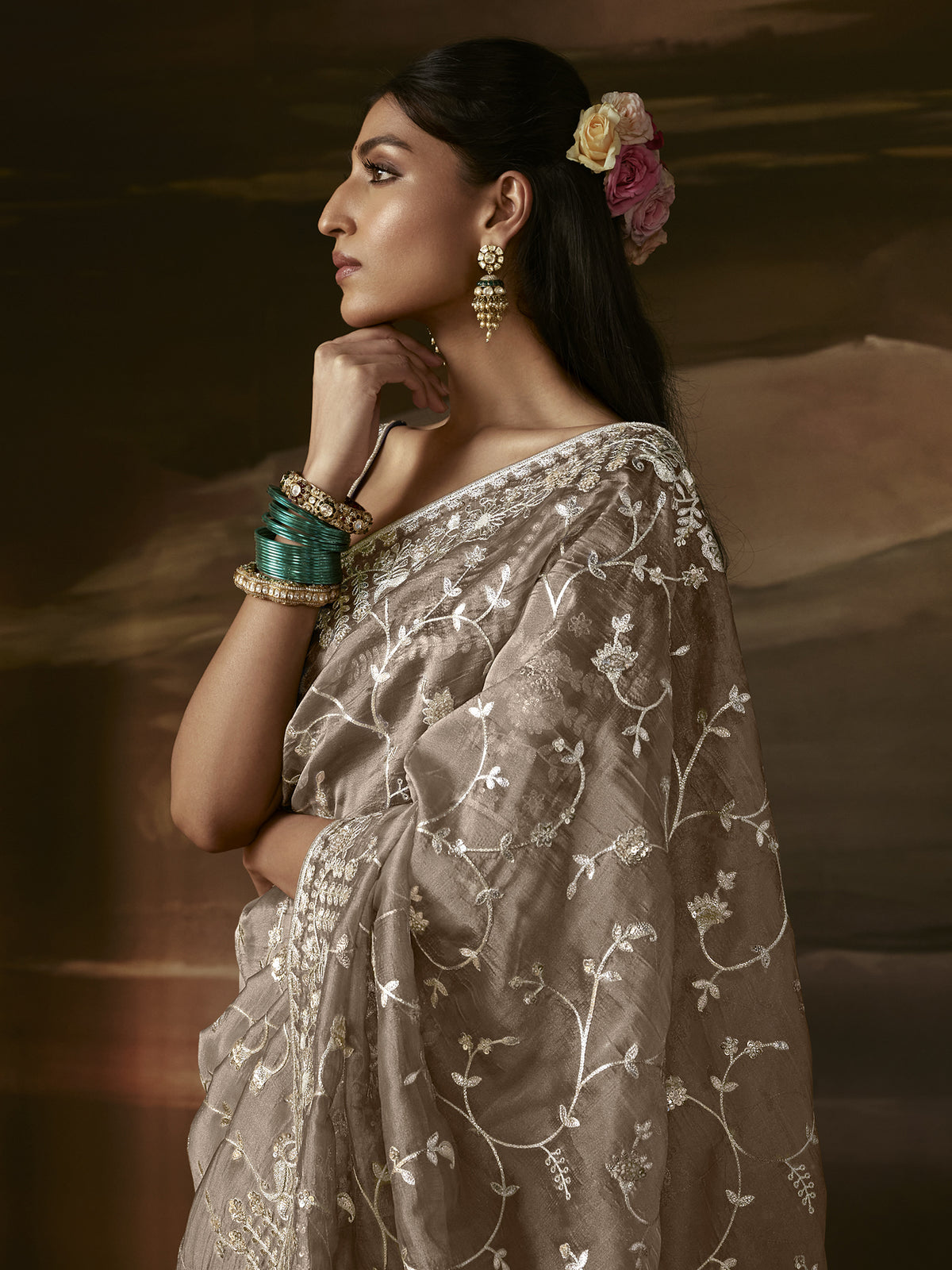 Glorious Beige Aari Work Organza Sangeet Wear Saree With Blouse