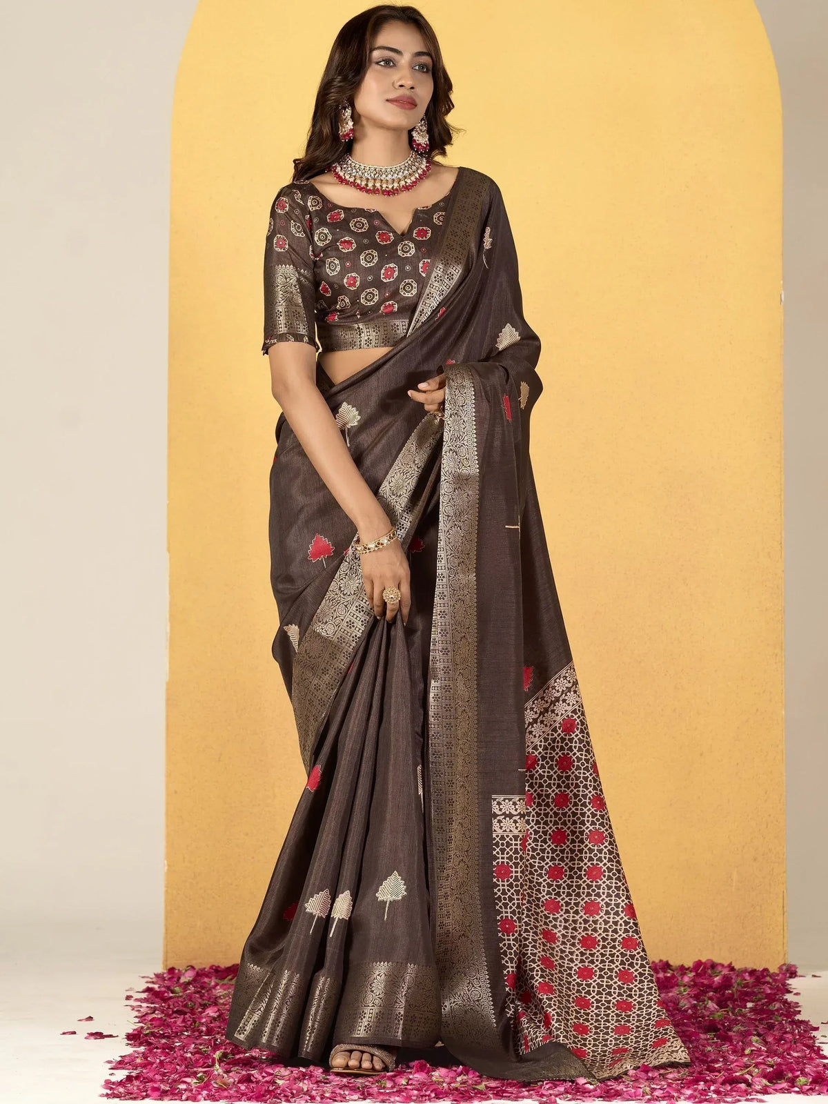 Brown designer saree with red and gold floral print, ethnic wear for women