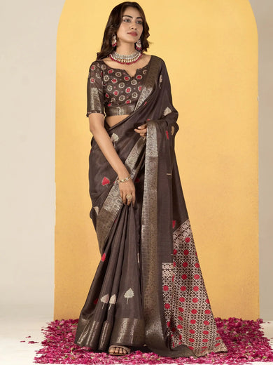 Beautiful Dark Brown Printed Silk Festival Wear Saree With Blouse